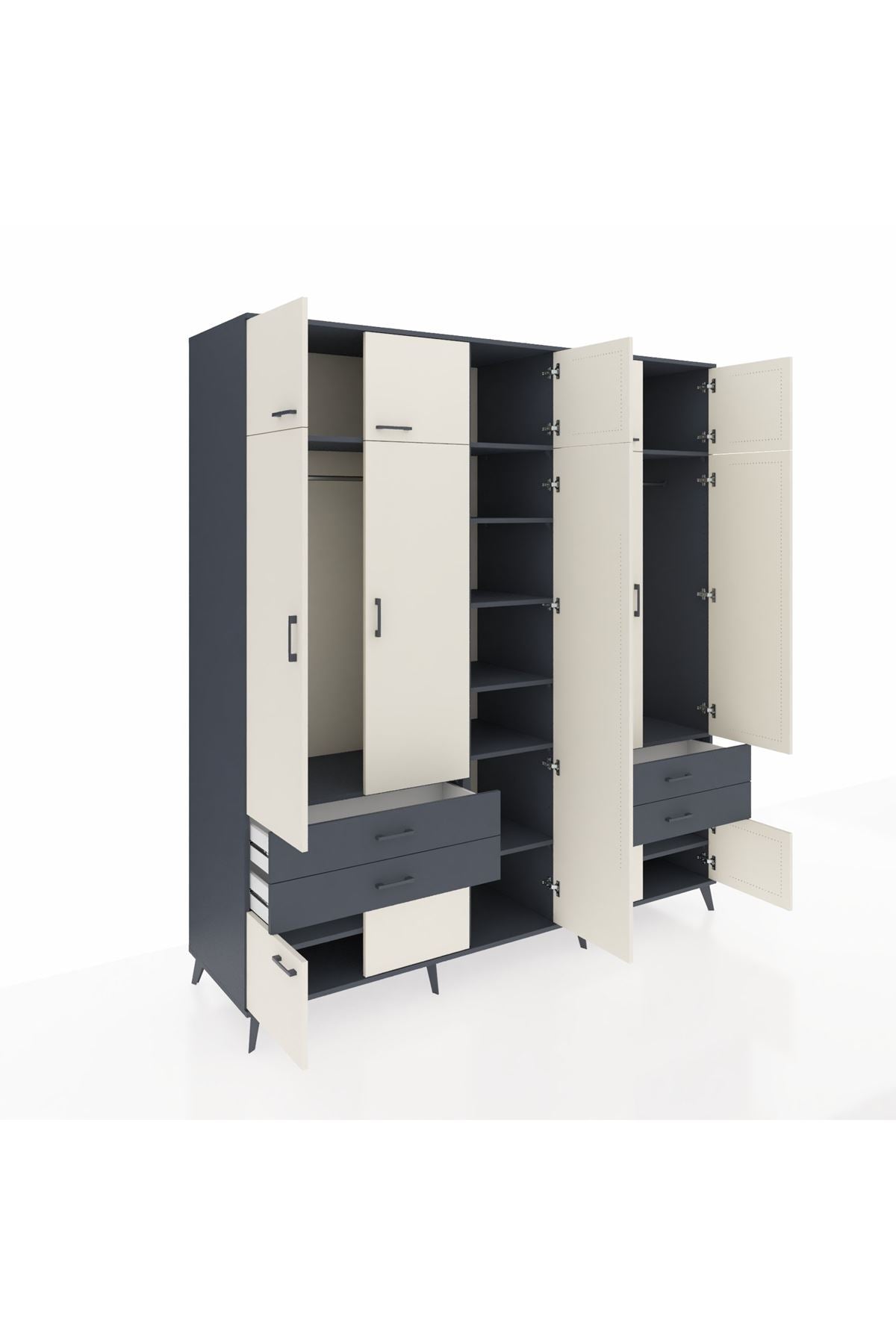 Kronos Dolap 12 Raflı 4 Çekmeceli 2 Askılı 220x59x243 Antrasit-Aytaşı/Antrasit