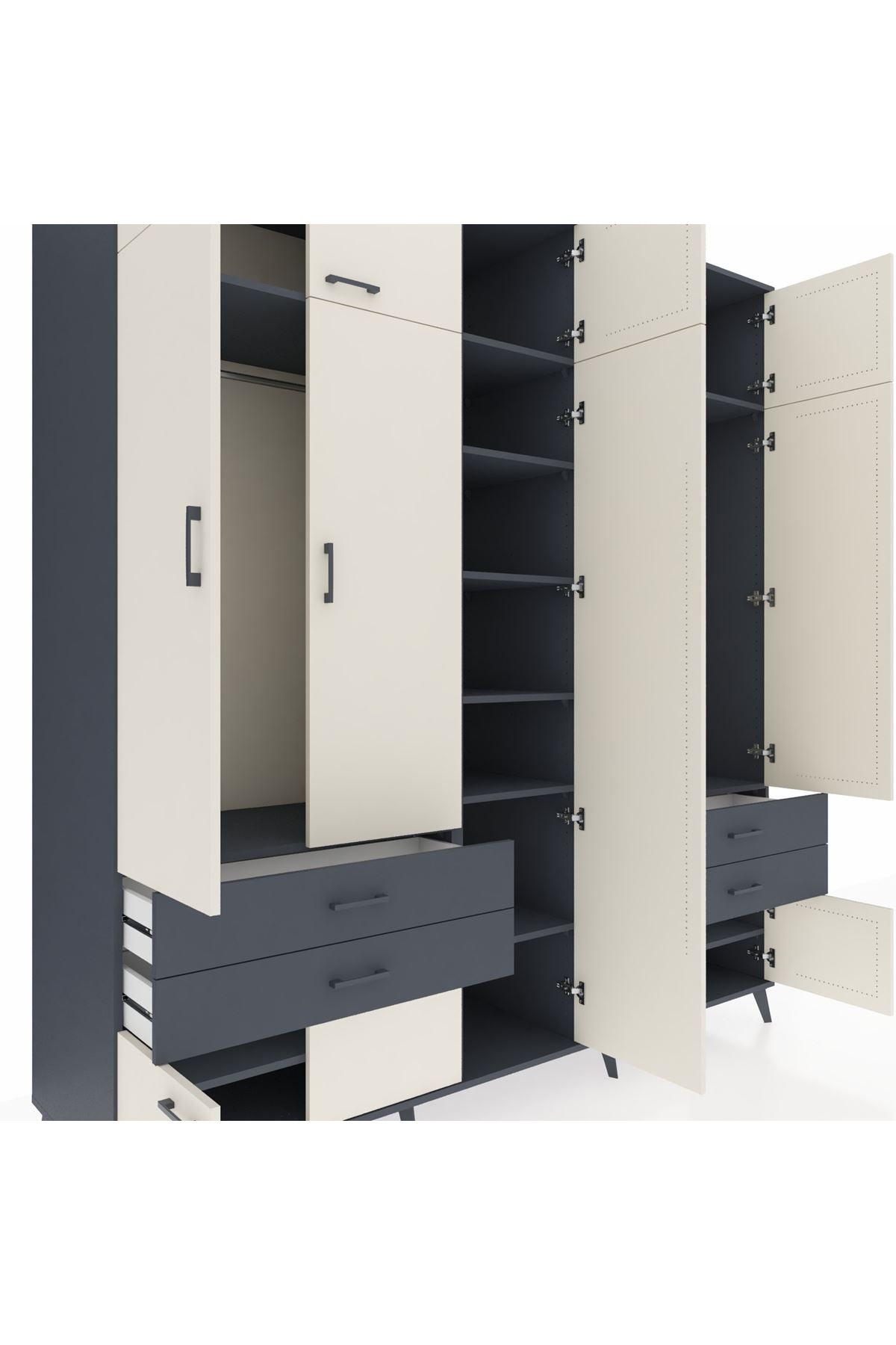 Kronos Dolap 12 Raflı 4 Çekmeceli 2 Askılı 220x59x243 Antrasit-Aytaşı/Antrasit