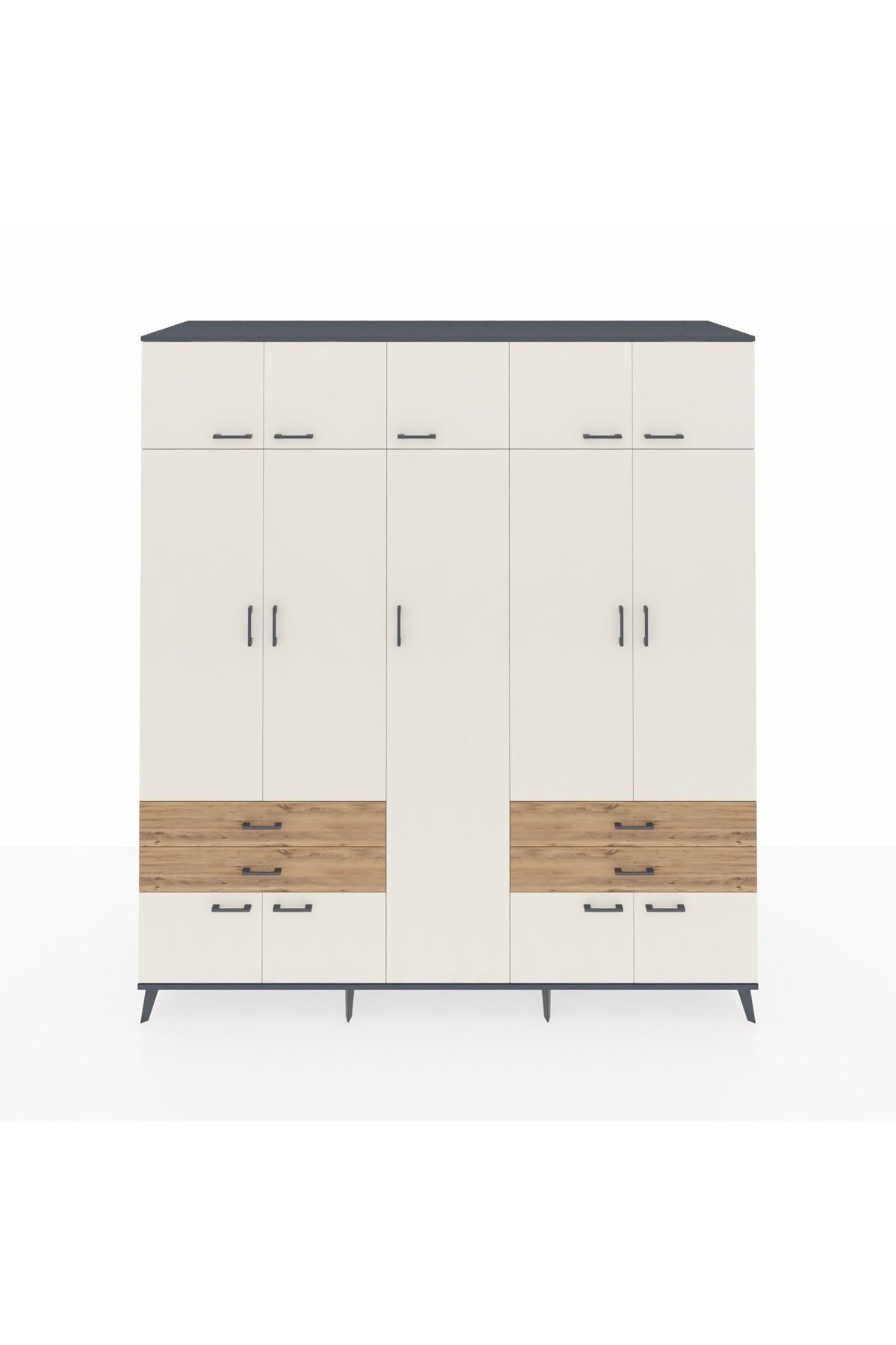 Kronos Dolap 12 Raflı 4 Çekmeceli 2 Askılı 220x59x243 Antrasit-Aytaşı/Çam