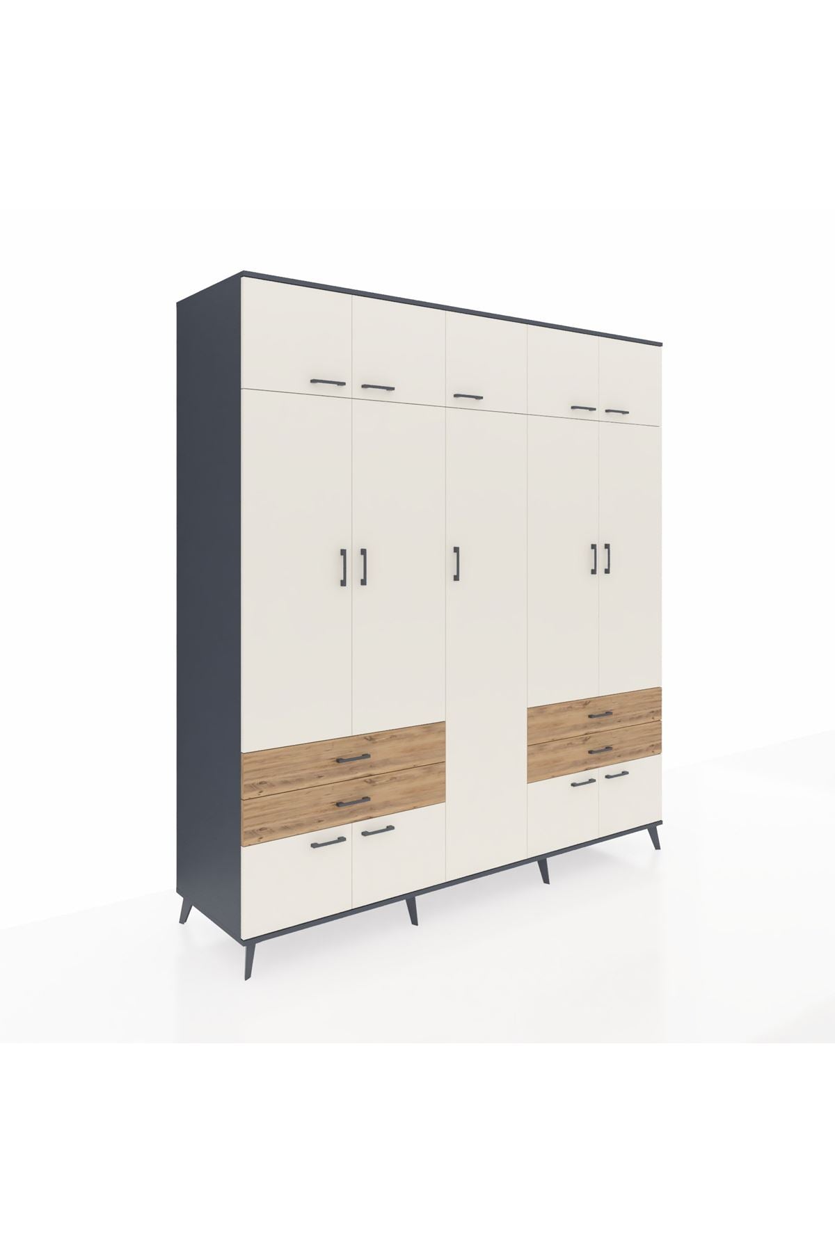 Kronos Dolap 12 Raflı 4 Çekmeceli 2 Askılı 220x59x243 Antrasit-Aytaşı/Çam