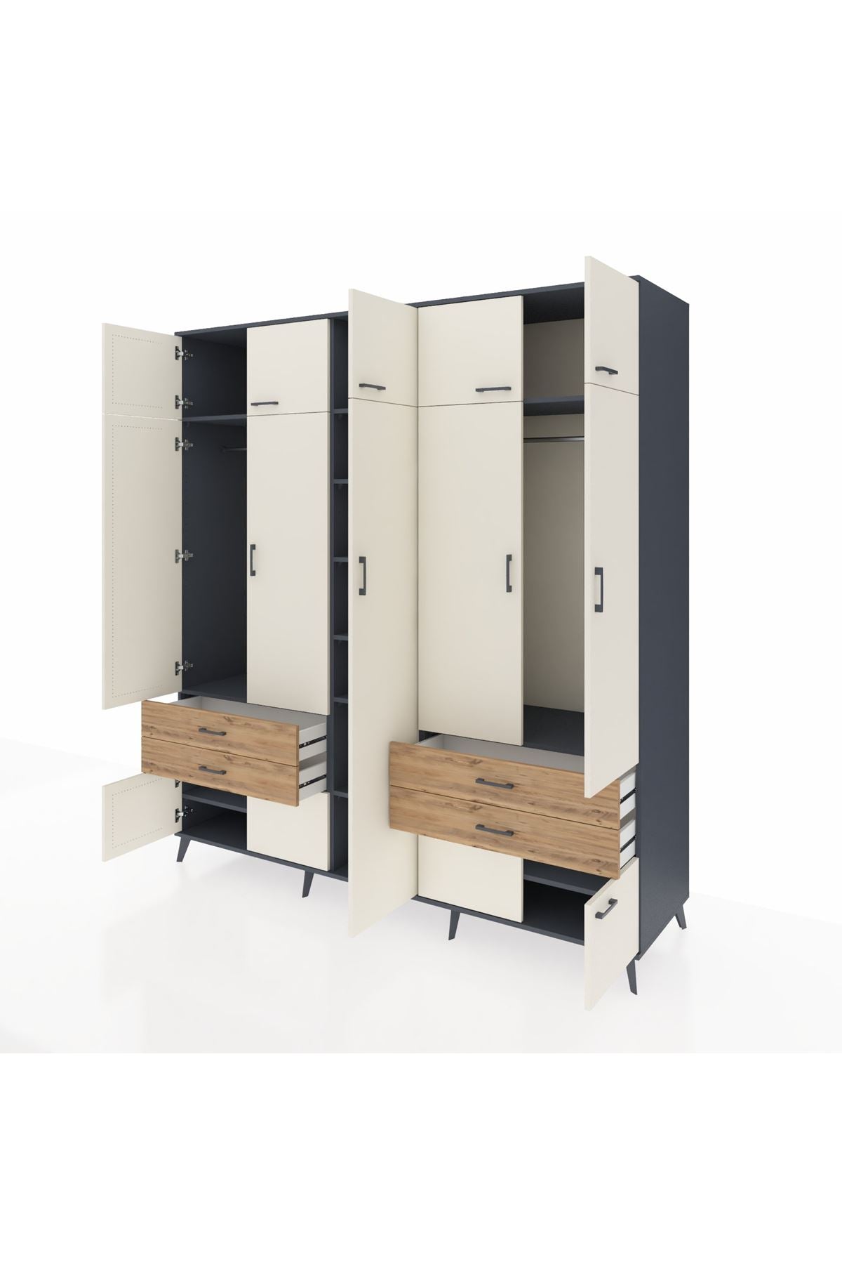 Kronos Dolap 12 Raflı 4 Çekmeceli 2 Askılı 220x59x243 Antrasit-Aytaşı/Çam