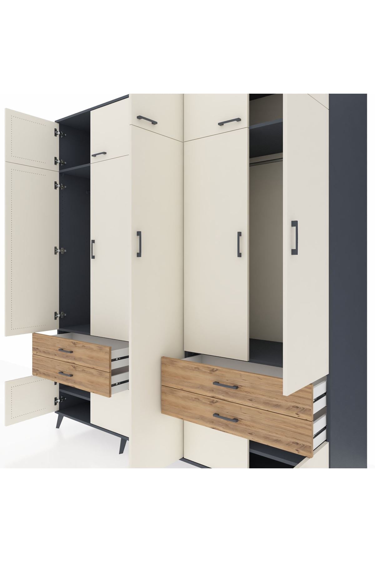 Kronos Dolap 12 Raflı 4 Çekmeceli 2 Askılı 220x59x243 Antrasit-Aytaşı/Çam