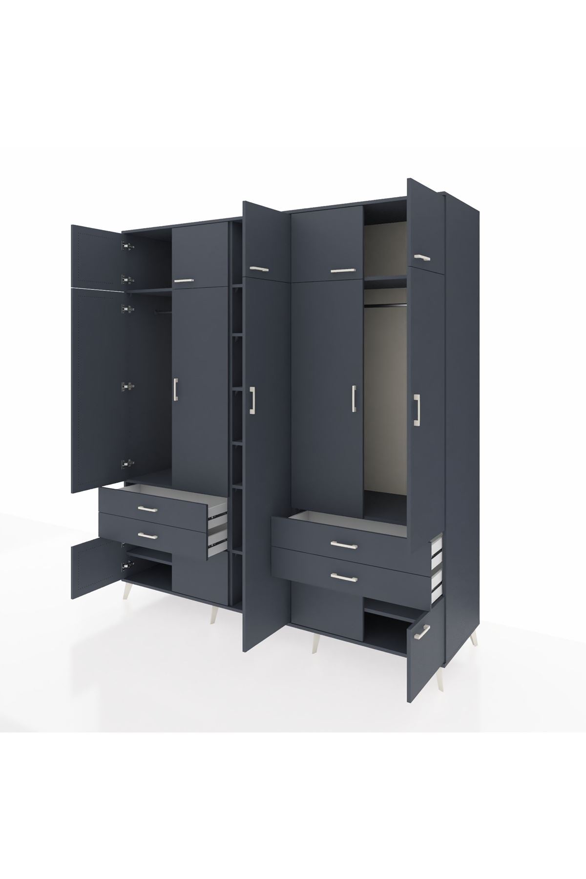 Kronos Dolap 12 Raflı 4 Çekmeceli 2 Askılı 220x59x243 Antrasit-Antrasit/Antrasit