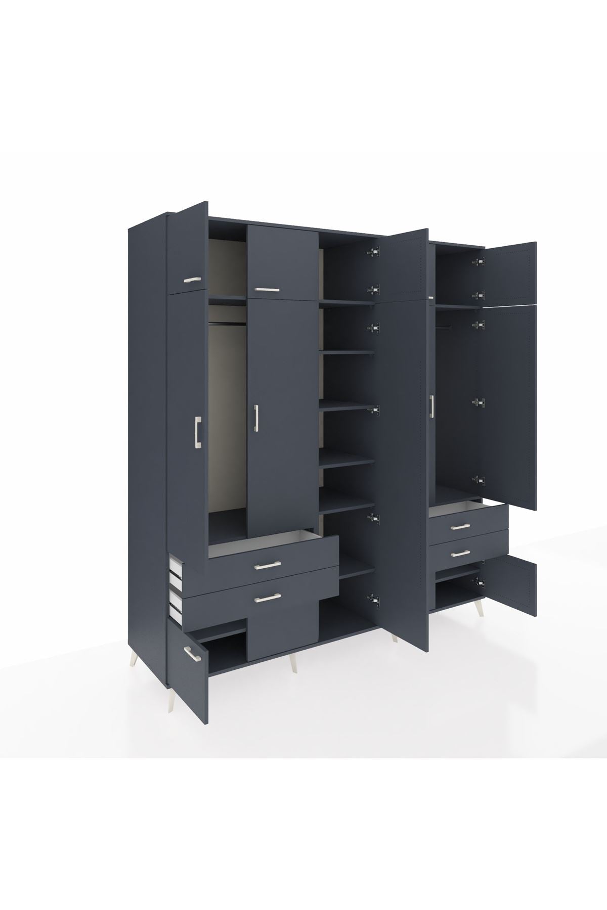 Kronos Dolap 12 Raflı 4 Çekmeceli 2 Askılı 220x59x243 Antrasit-Antrasit/Antrasit
