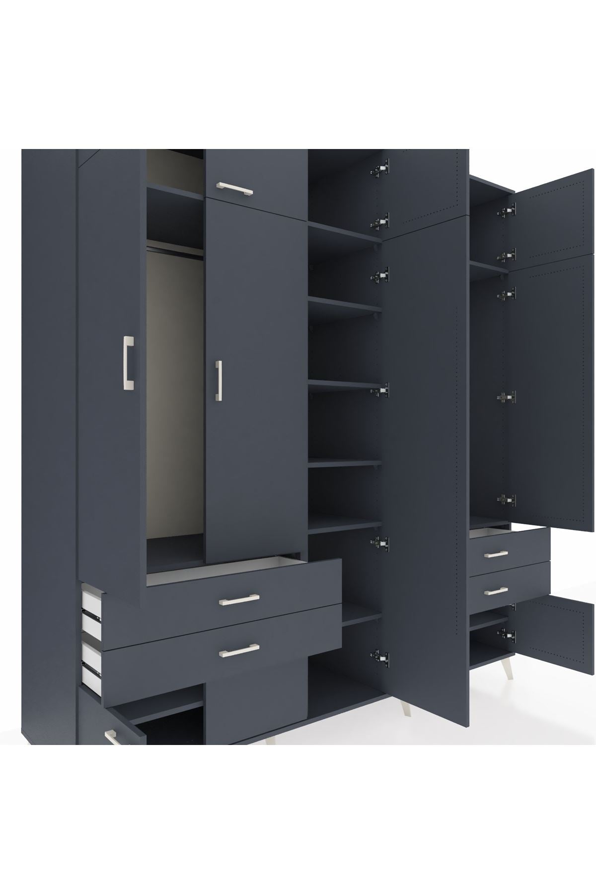 Kronos Dolap 12 Raflı 4 Çekmeceli 2 Askılı 220x59x243 Antrasit-Antrasit/Antrasit