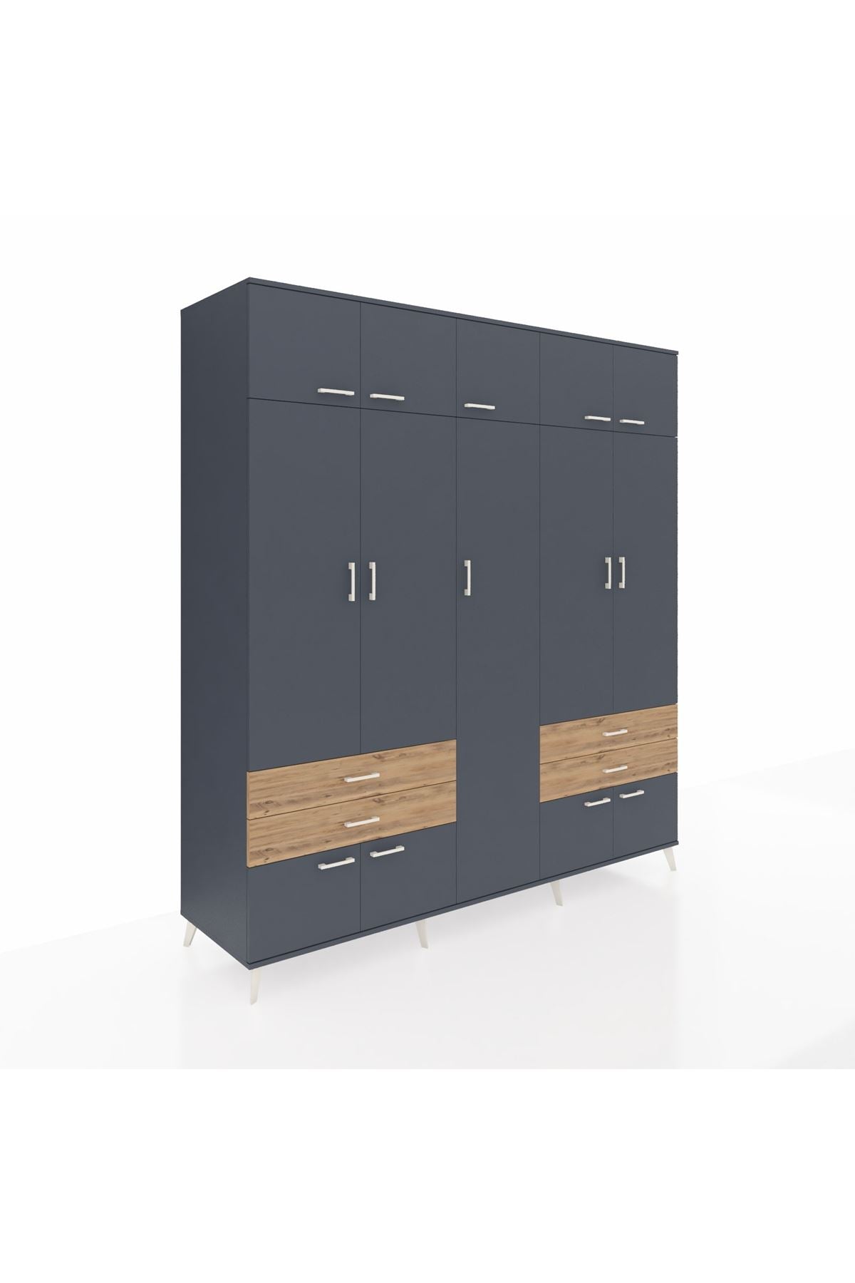 Kronos Dolap 12 Raflı 4 Çekmeceli 2 Askılı 220x59x243 Antrasit-Antrasit/Çam