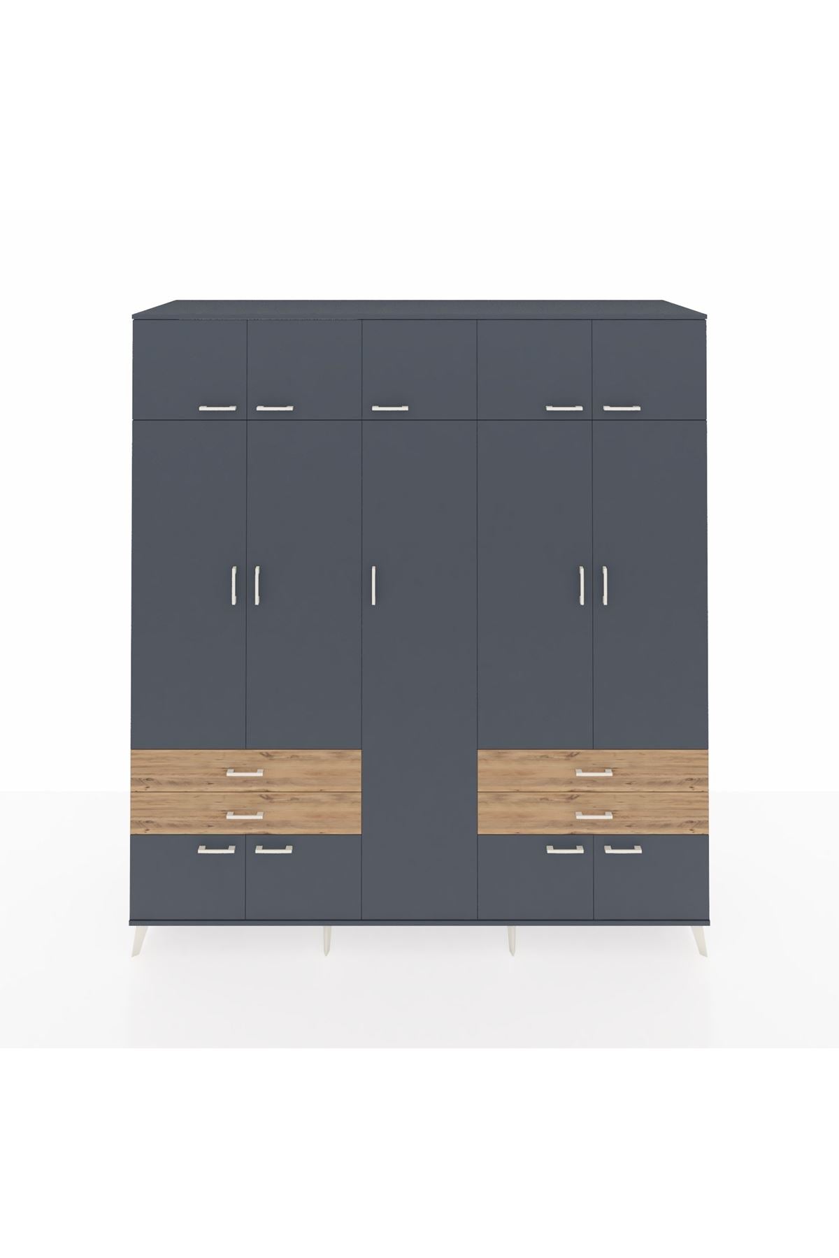 Kronos Dolap 12 Raflı 4 Çekmeceli 2 Askılı 220x59x243 Antrasit-Antrasit/Çam