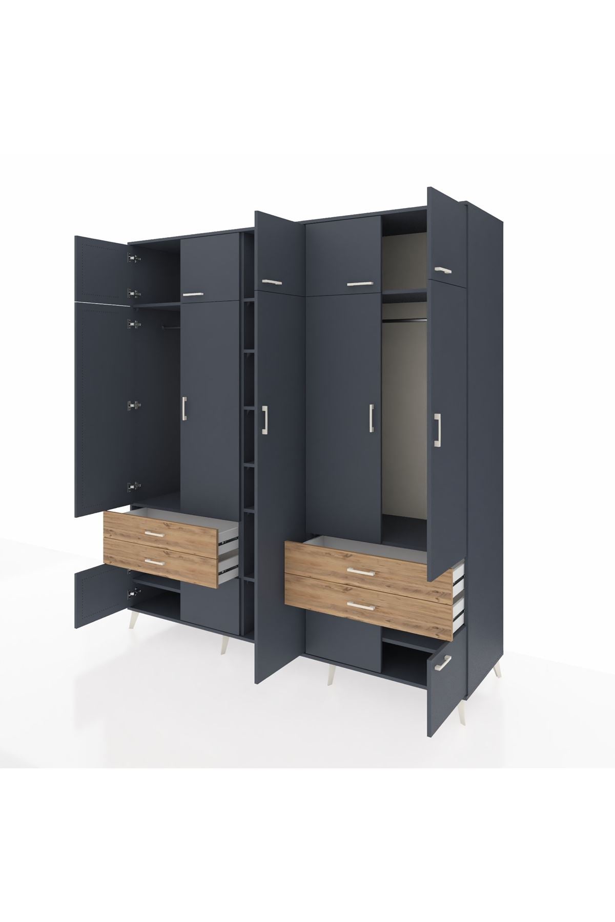 Kronos Dolap 12 Raflı 4 Çekmeceli 2 Askılı 220x59x243 Antrasit-Antrasit/Çam