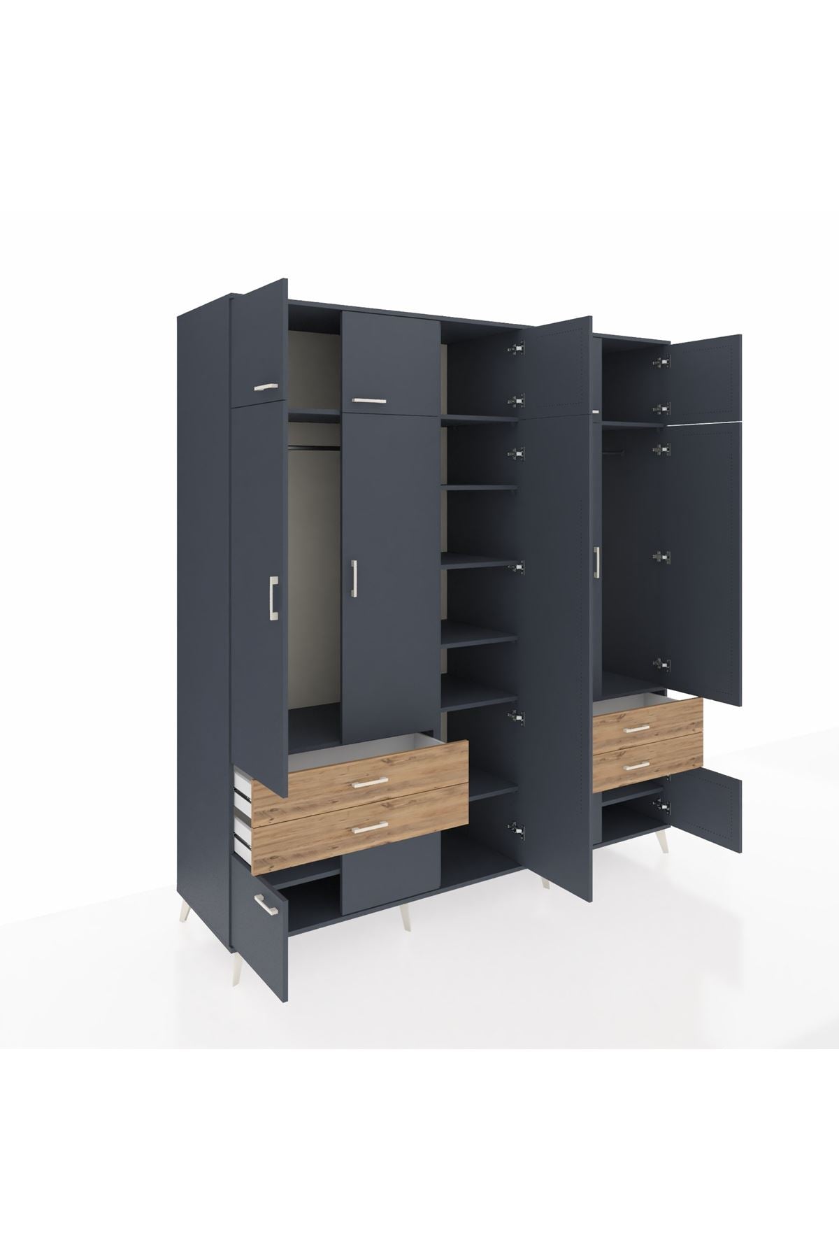 Kronos Dolap 12 Raflı 4 Çekmeceli 2 Askılı 220x59x243 Antrasit-Antrasit/Çam