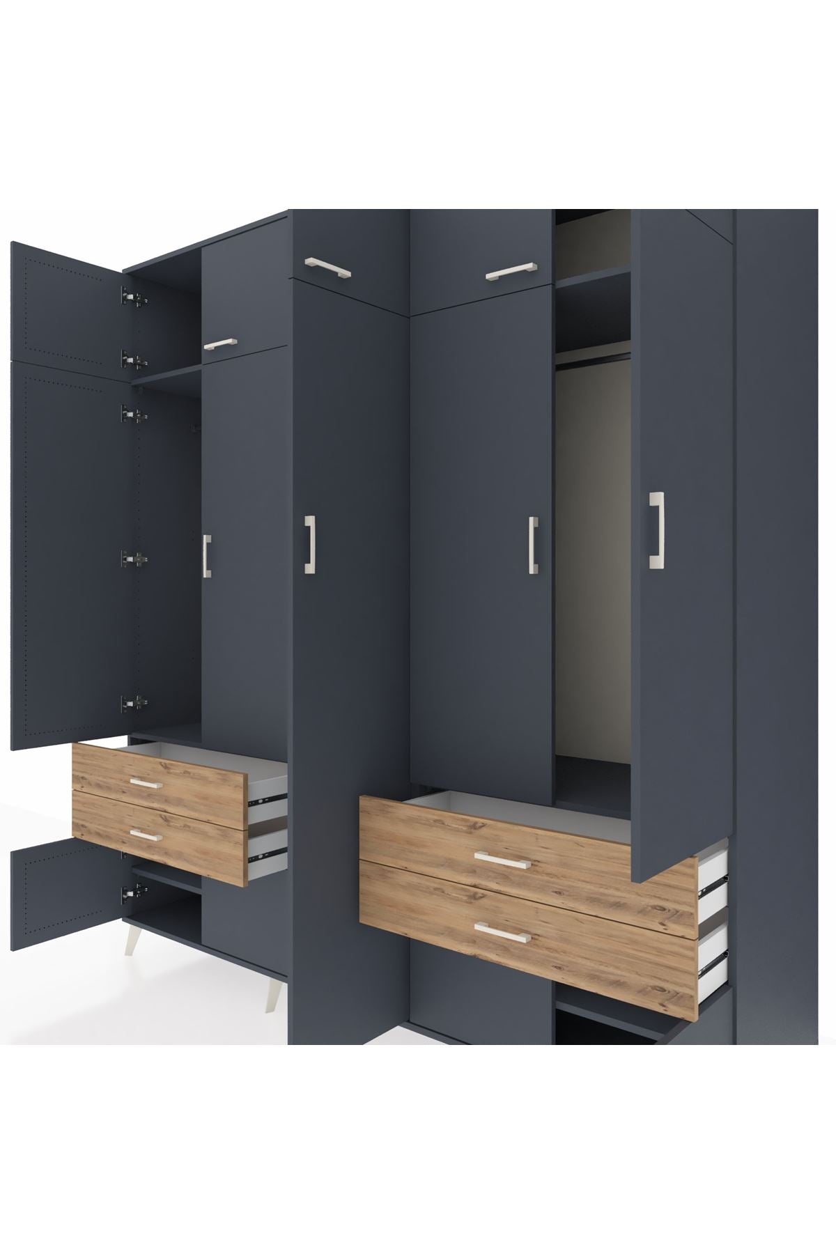 Kronos Dolap 12 Raflı 4 Çekmeceli 2 Askılı 220x59x243 Antrasit-Antrasit/Çam