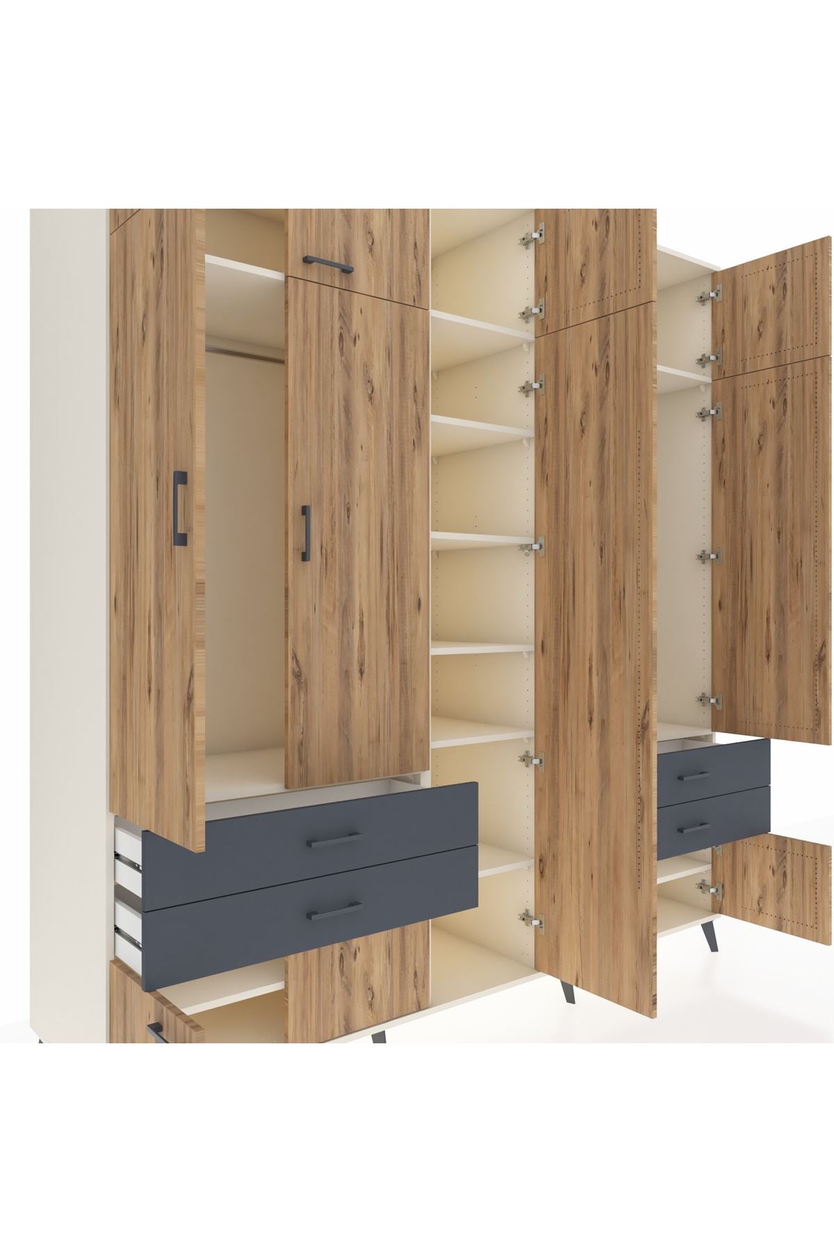 Kronos Dolap 12 Raflı 4 Çekmeceli 2 Askılı 220x59x243 Aytaşı-Çam/Antrasit