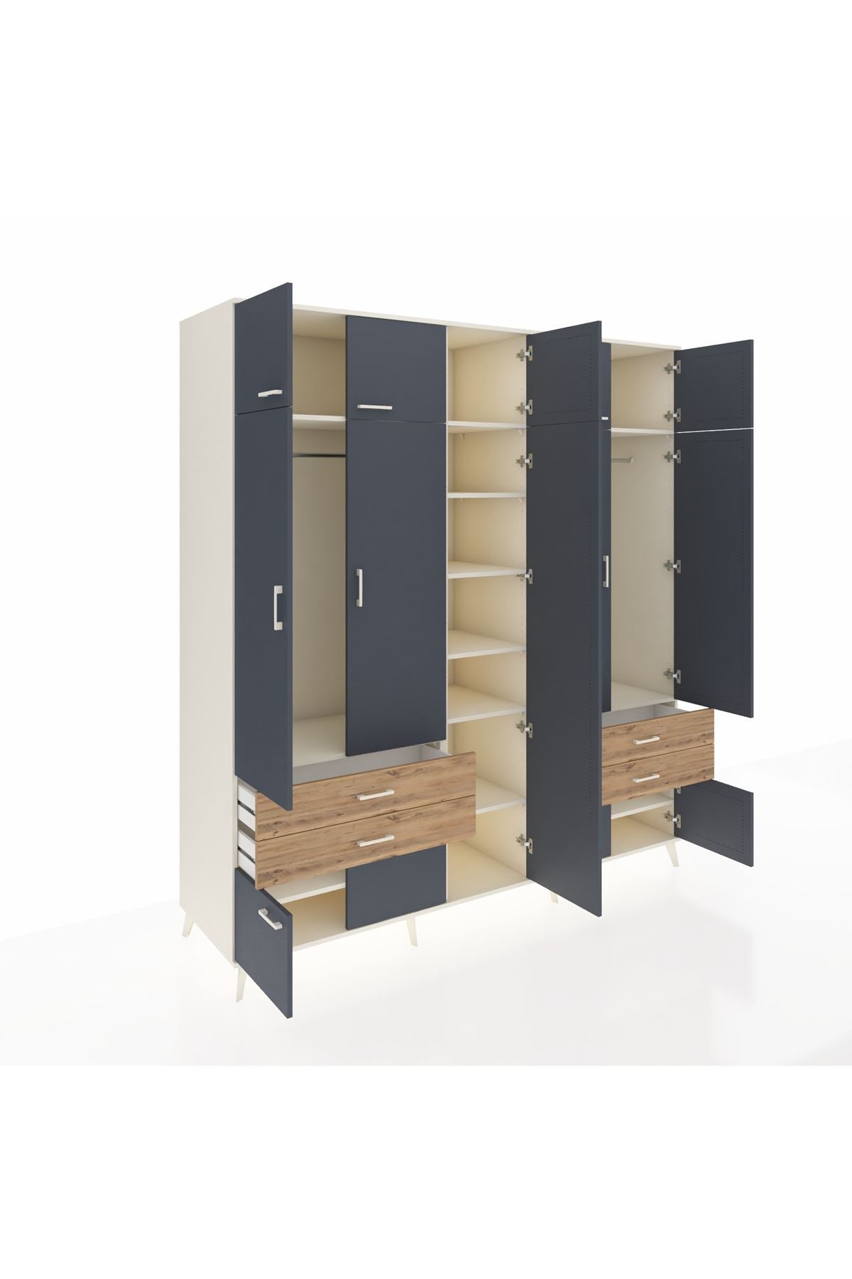 Kronos Dolap 12 Raflı 4 Çekmeceli 2 Askılı 220x59x243 Aytaşı-Antrasit/Çam