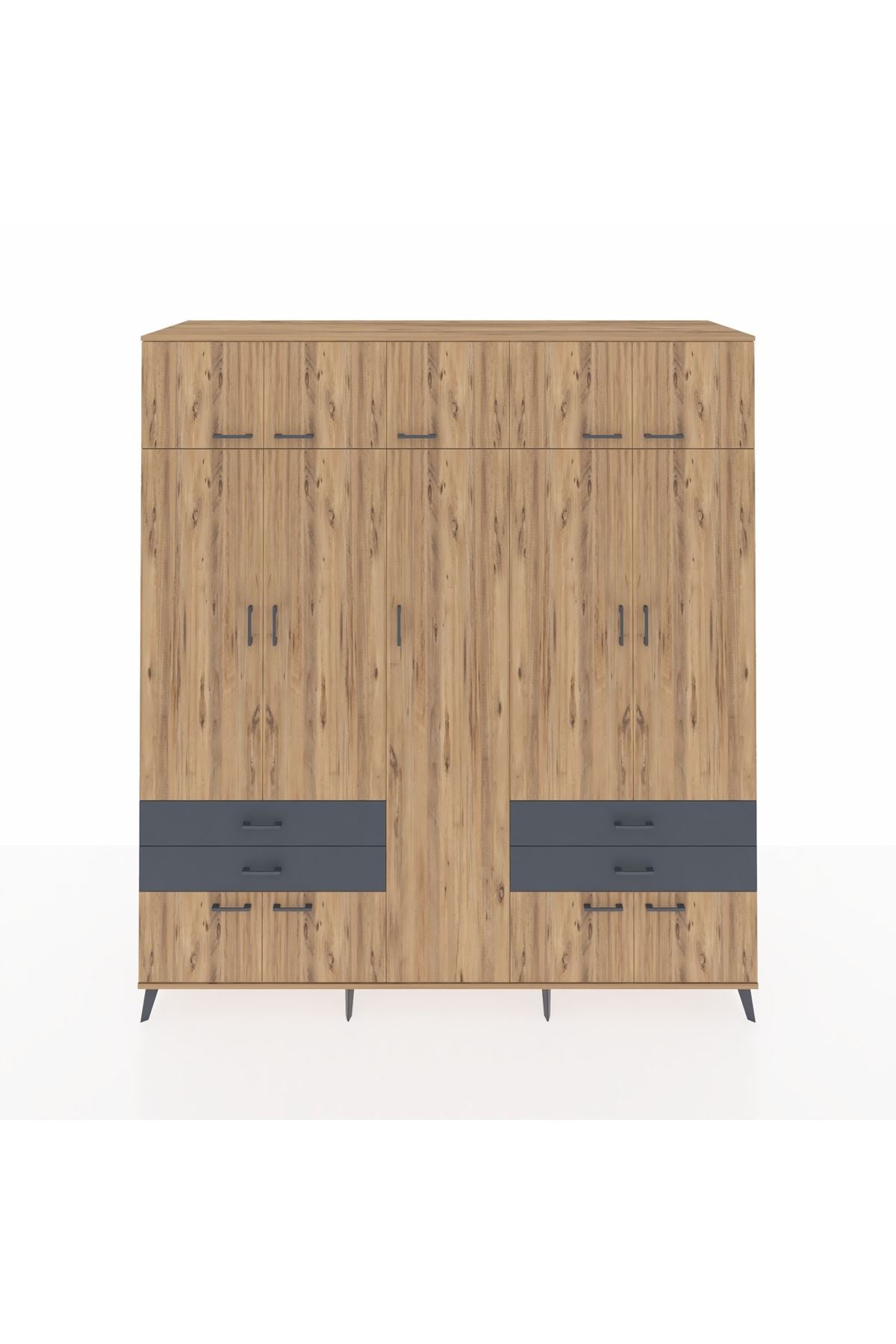 Kronos Dolap 12 Raflı 4 Çekmeceli 2 Askılı 220x59x243 Çam-Çam/Antrasit