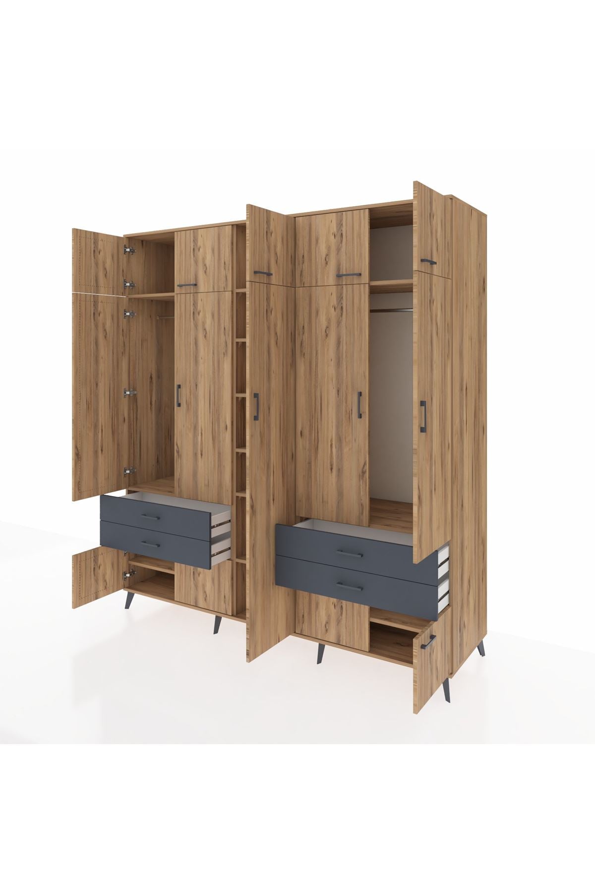 Kronos Dolap 12 Raflı 4 Çekmeceli 2 Askılı 220x59x243 Çam-Çam/Antrasit