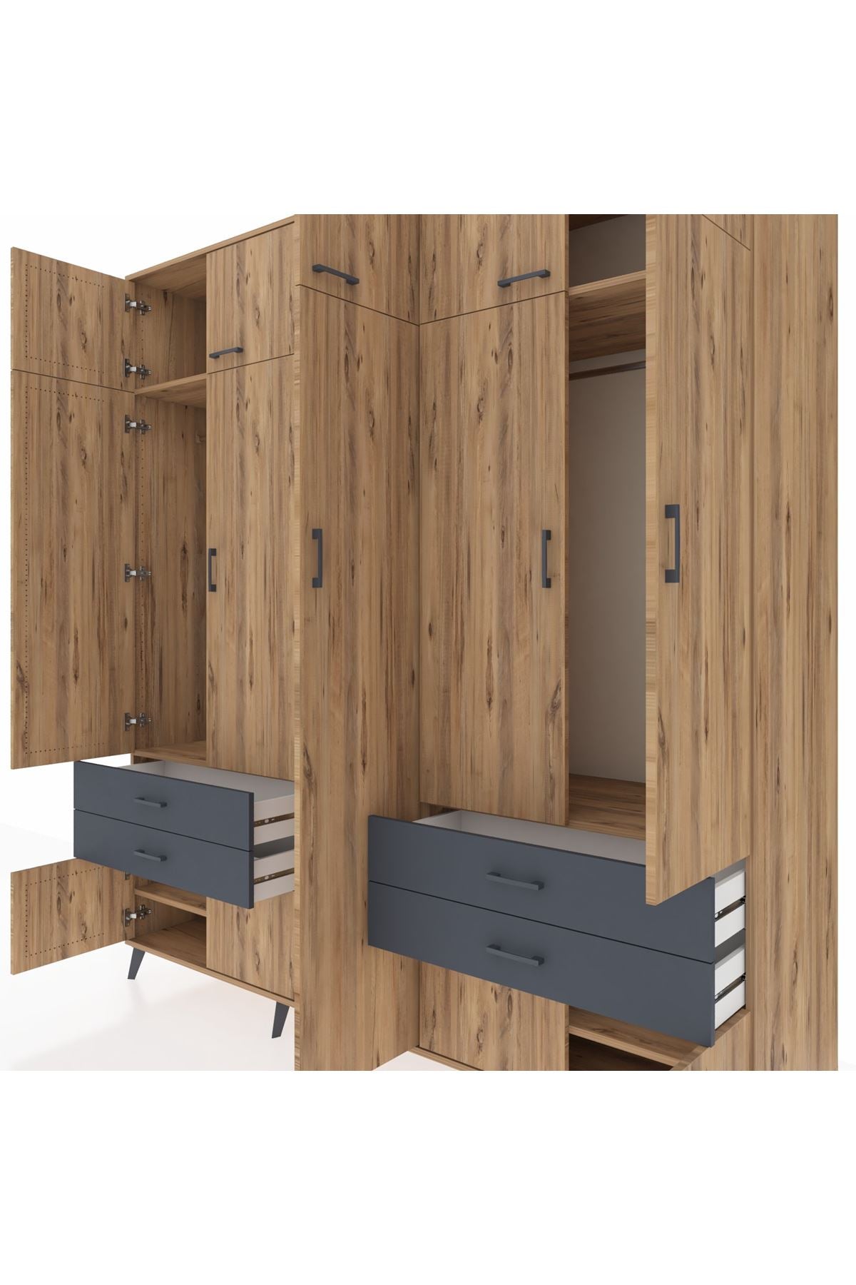 Kronos Dolap 12 Raflı 4 Çekmeceli 2 Askılı 220x59x243 Çam-Çam/Antrasit