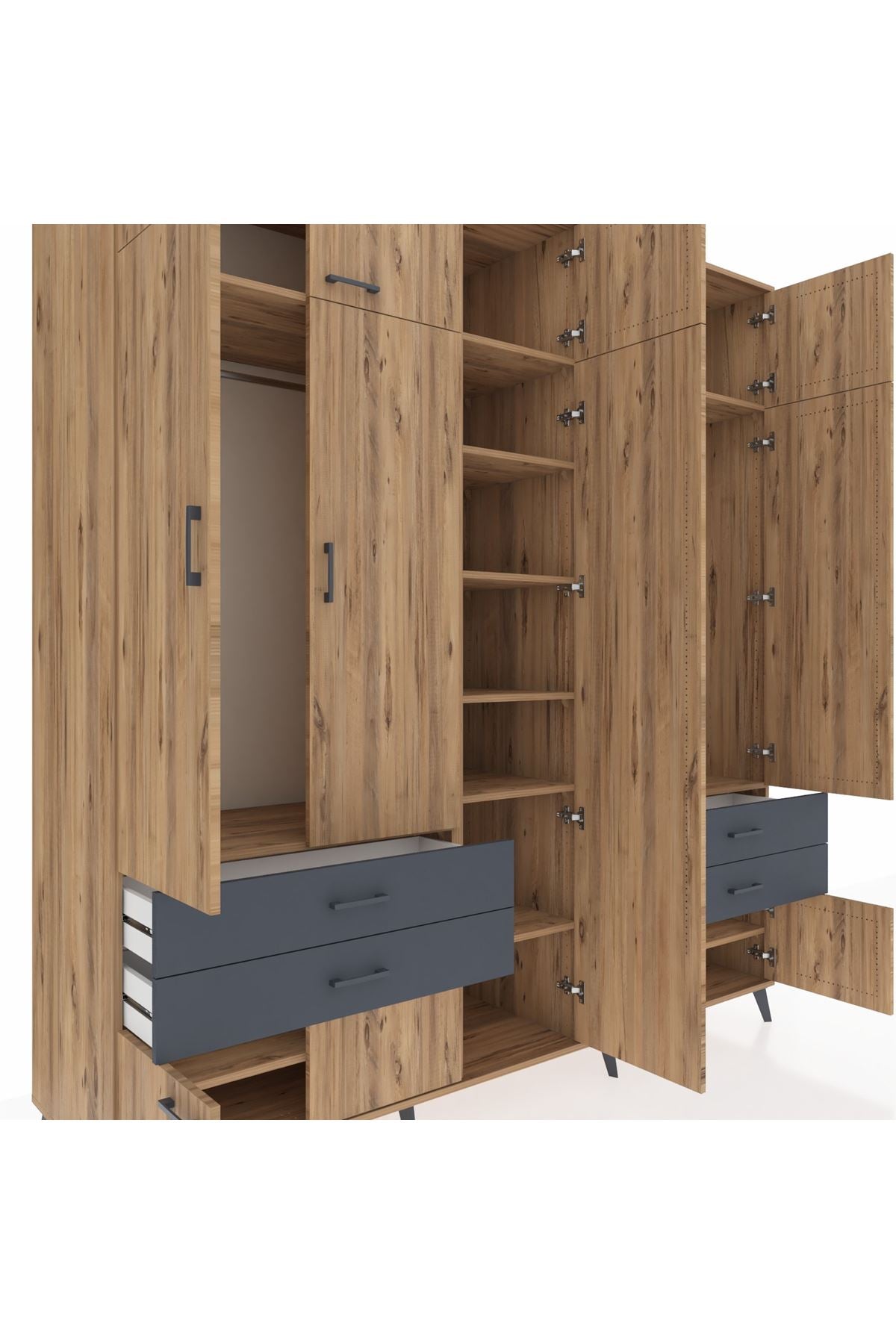 Kronos Dolap 12 Raflı 4 Çekmeceli 2 Askılı 220x59x243 Çam-Çam/Antrasit