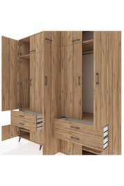 Kronos Dolap 12 Raflı 4 Çekmeceli 2 Askılı 220x59x243 Çam-Çam/Çam