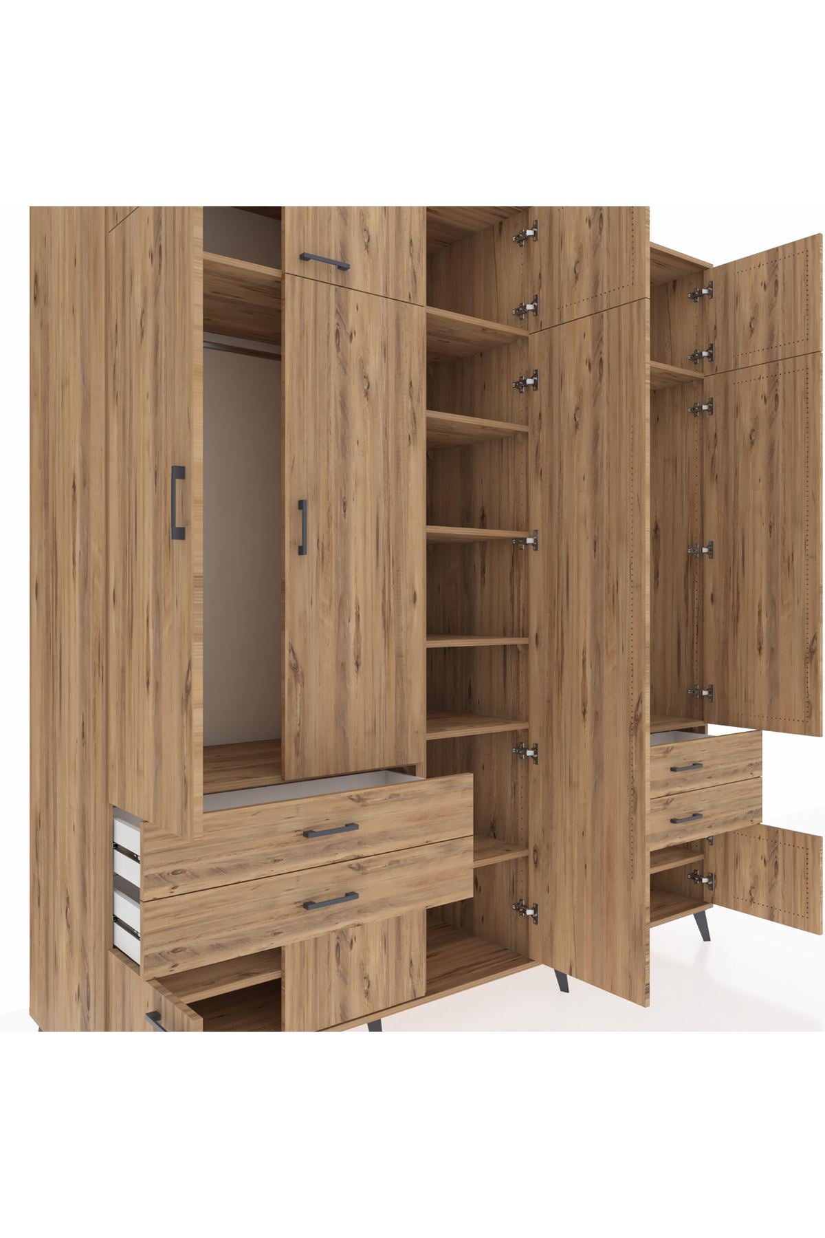 Kronos Dolap 12 Raflı 4 Çekmeceli 2 Askılı 220x59x243 Çam-Çam/Çam