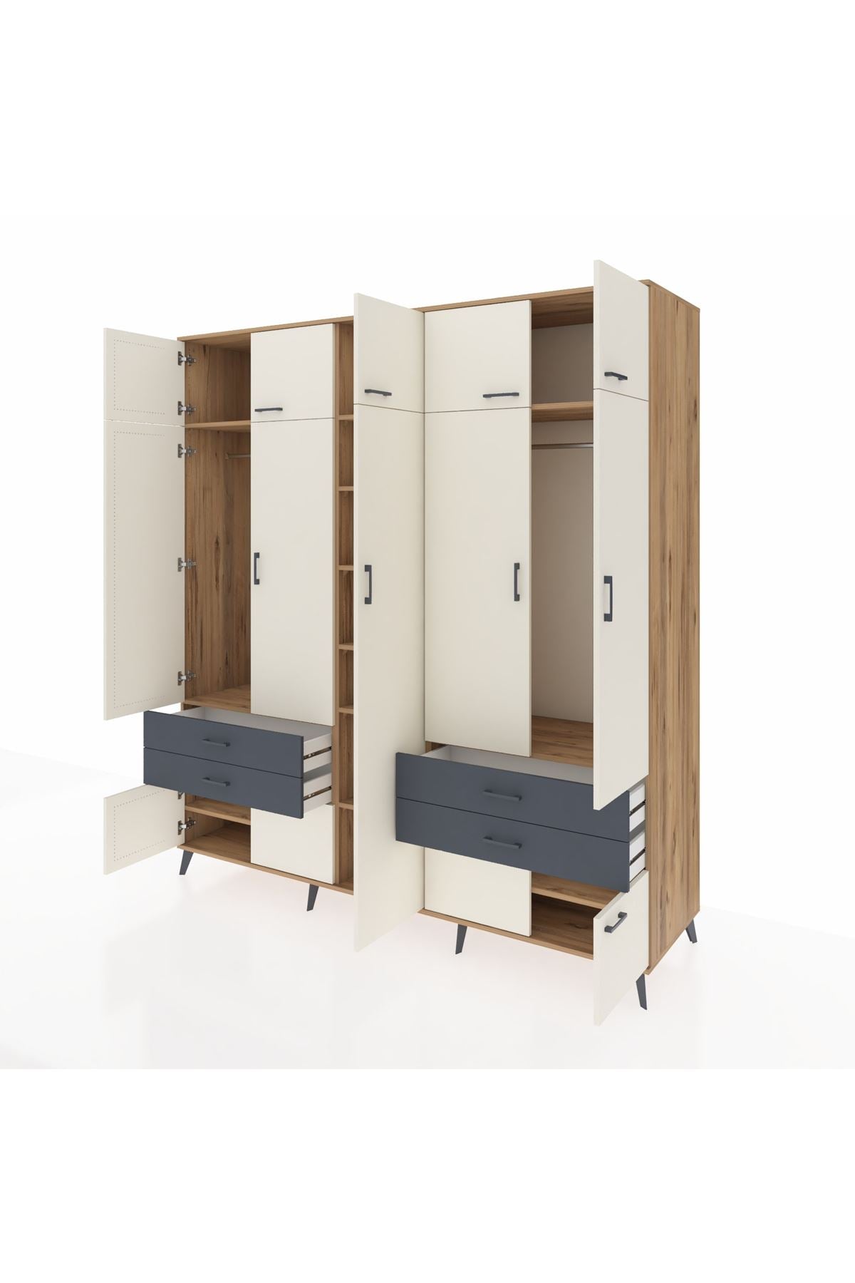 Kronos Dolap 12 Raflı 4 Çekmeceli 2 Askılı 220x59x243 Çam-Aytaşı/Antrasit