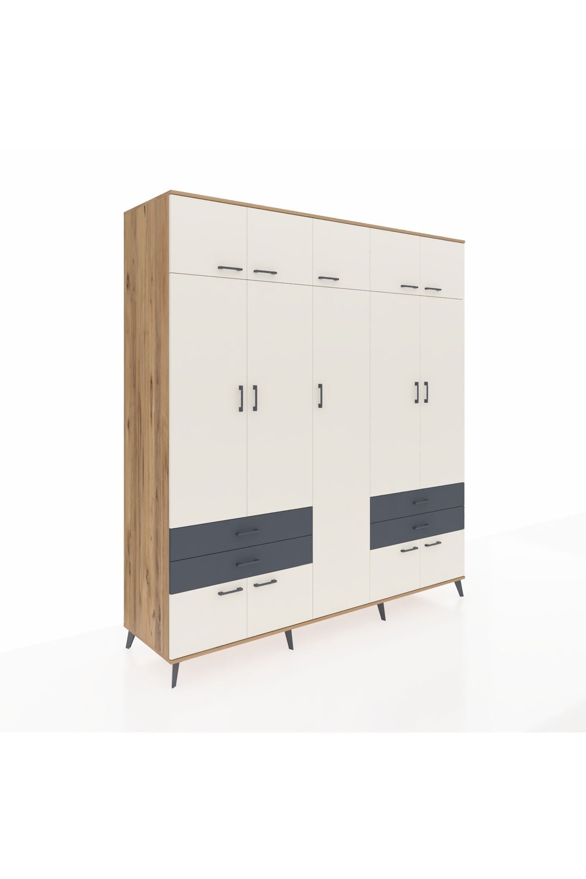 Kronos Dolap 12 Raflı 4 Çekmeceli 2 Askılı 220x59x243 Çam-Aytaşı/Antrasit