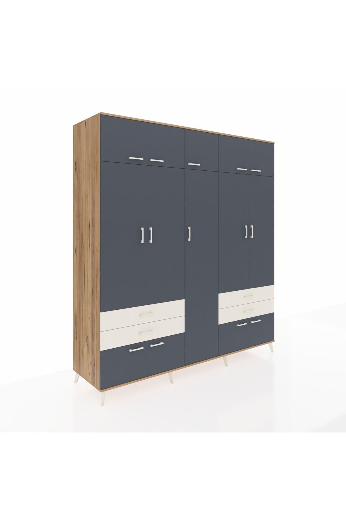 Kronos Dolap 12 Raflı 4 Çekmeceli 2 Askılı 220x59x243 Çam-Antrasit/Aytaşı