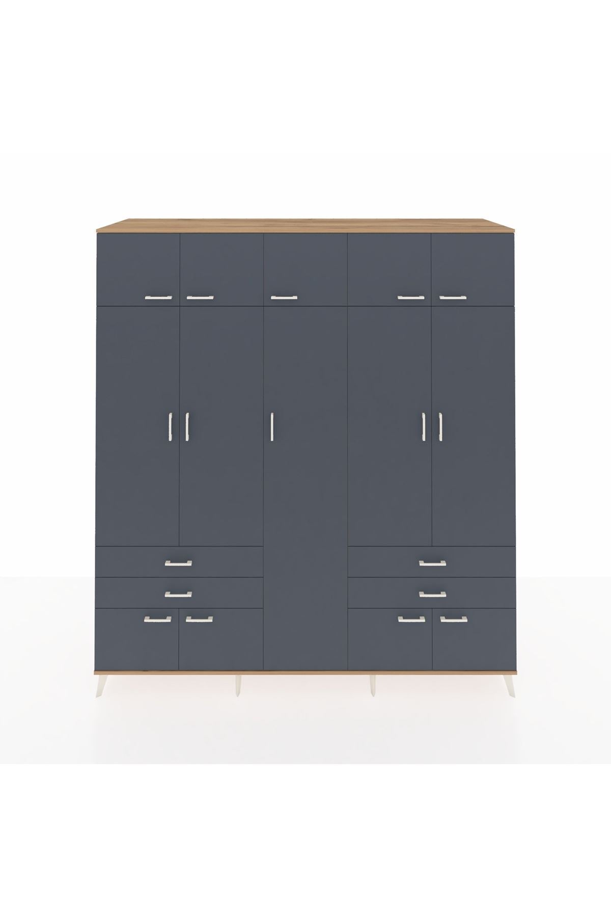 Kronos Dolap 12 Raflı 4 Çekmeceli 2 Askılı 220x59x243 Çam-Antrasit/Antrasit