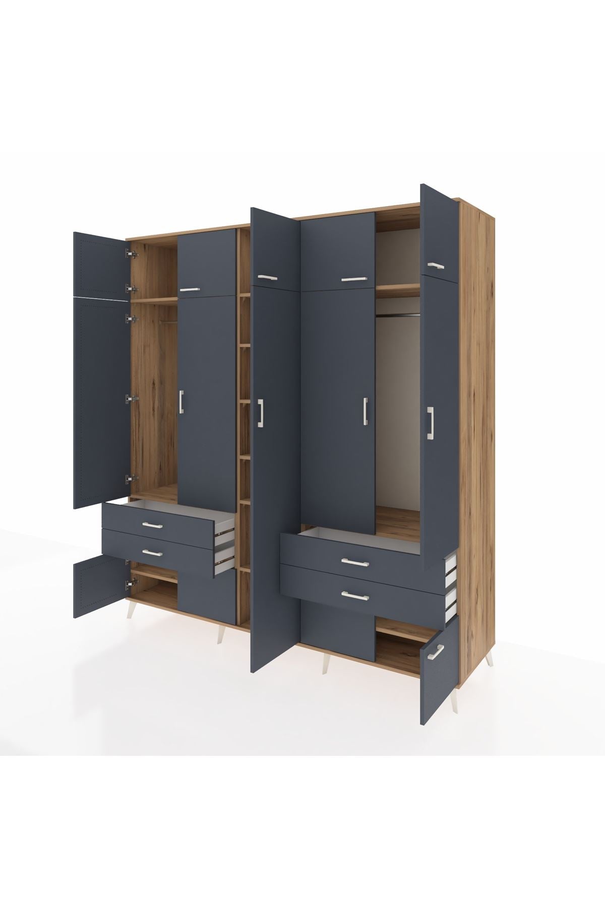 Kronos Dolap 12 Raflı 4 Çekmeceli 2 Askılı 220x59x243 Çam-Antrasit/Antrasit