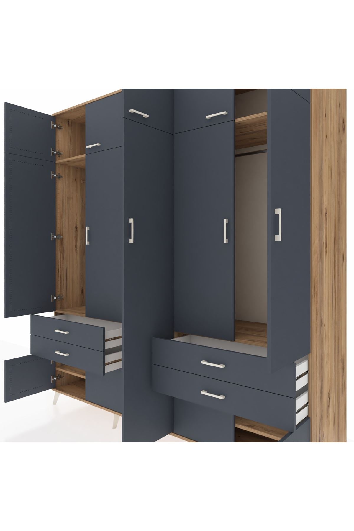 Kronos Dolap 12 Raflı 4 Çekmeceli 2 Askılı 220x59x243 Çam-Antrasit/Antrasit