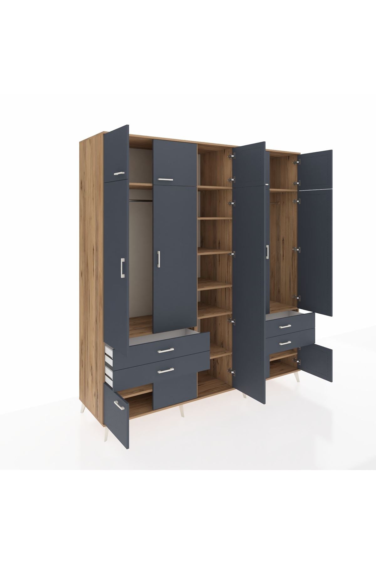 Kronos Dolap 12 Raflı 4 Çekmeceli 2 Askılı 220x59x243 Çam-Antrasit/Antrasit