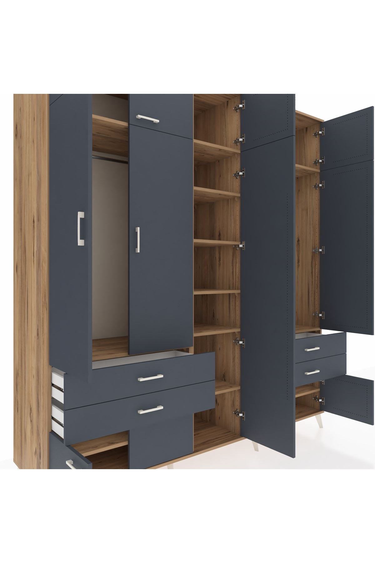 Kronos Dolap 12 Raflı 4 Çekmeceli 2 Askılı 220x59x243 Çam-Antrasit/Antrasit