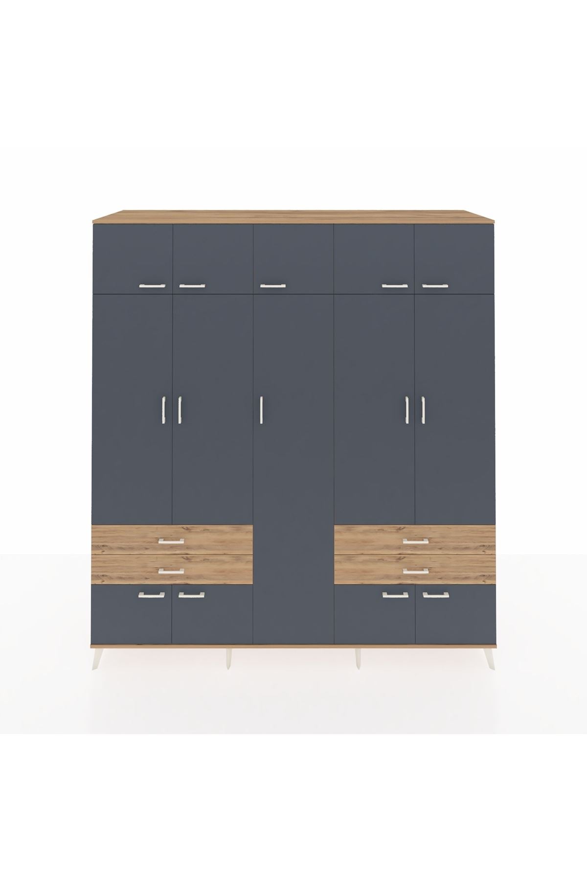 Kronos Dolap 12 Raflı 4 Çekmeceli 2 Askılı 220x59x243 Çam-Antrasit/Çam