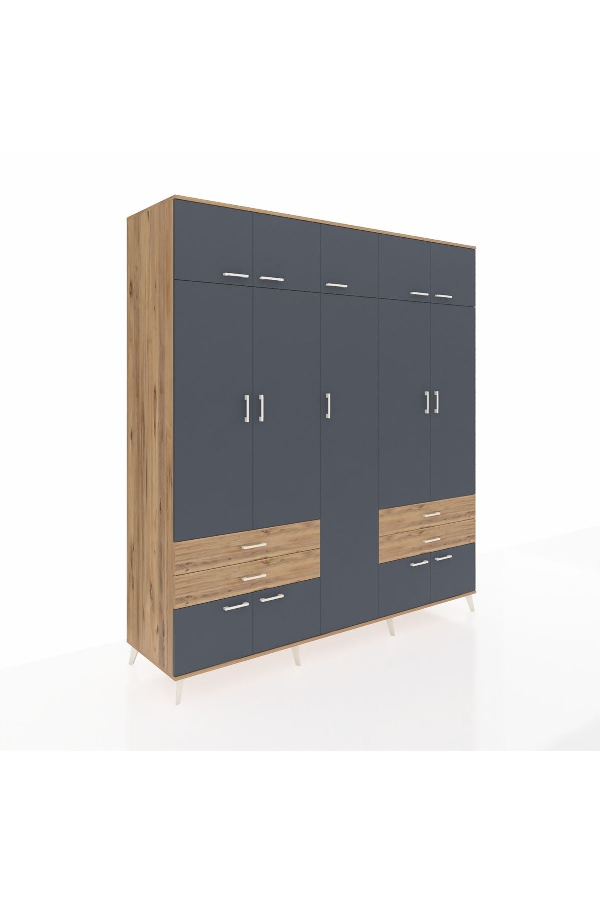 Kronos Dolap 12 Raflı 4 Çekmeceli 2 Askılı 220x59x243 Çam-Antrasit/Çam