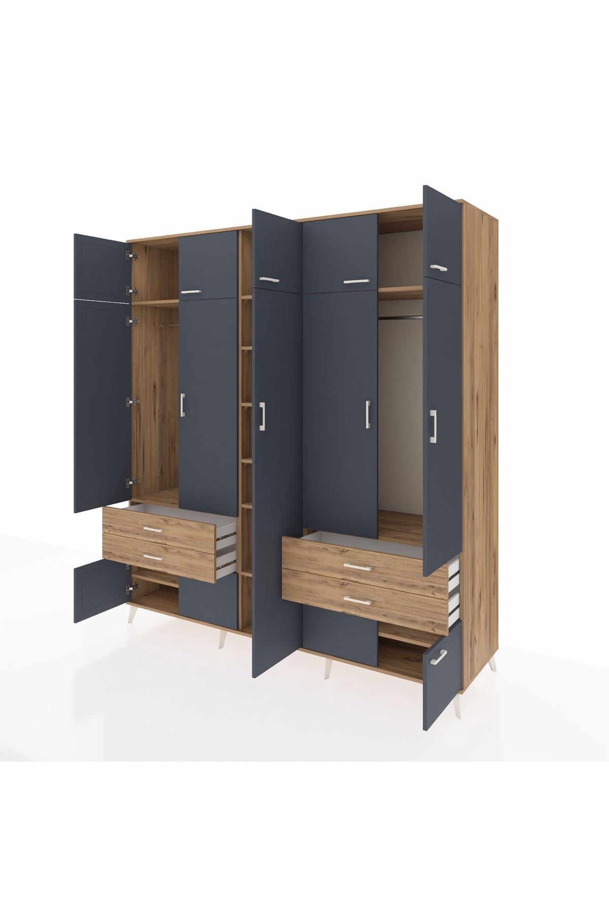 Kronos Dolap 12 Raflı 4 Çekmeceli 2 Askılı 220x59x243 Çam-Antrasit/Çam