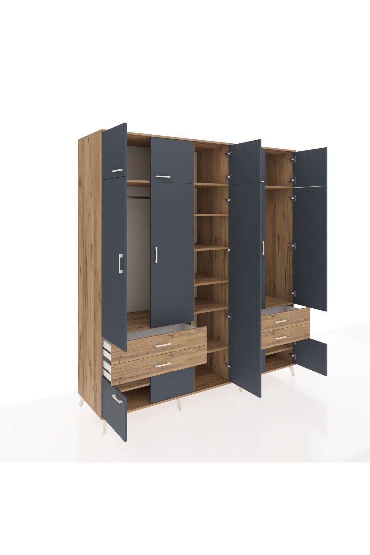 Kronos Dolap 12 Raflı 4 Çekmeceli 2 Askılı 220x59x243 Çam-Antrasit/Çam