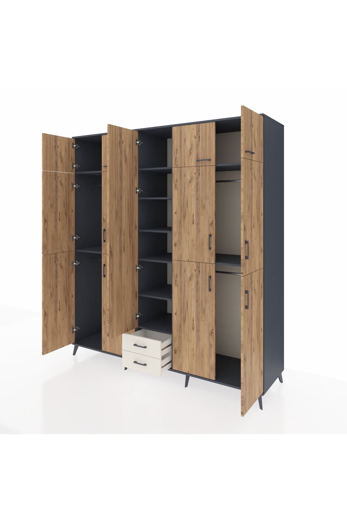 Kronos Dolap 10 Raflı 2 Çekmeceli 4 Askılı 220x59x243 Antrasit-Çam/Aytaşı