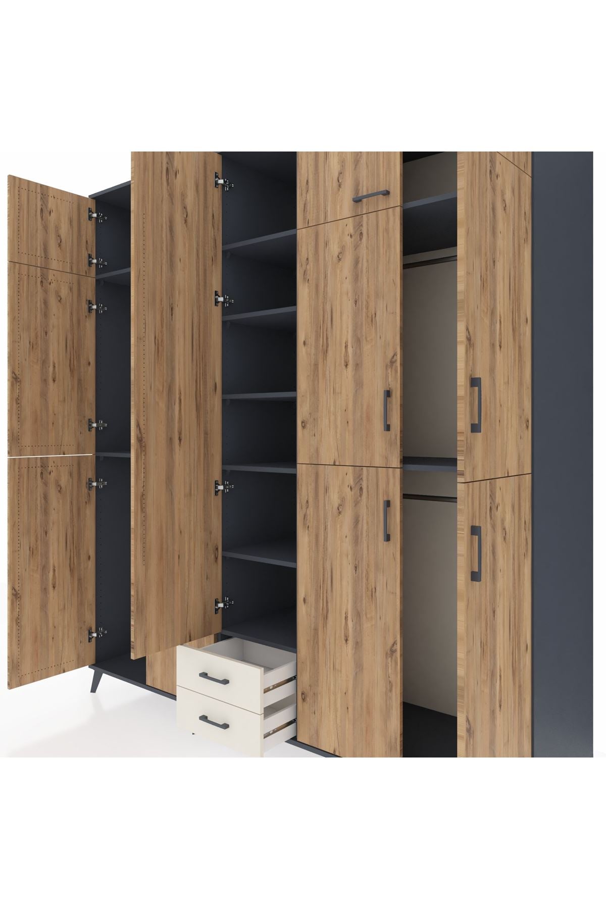 Kronos Dolap 10 Raflı 2 Çekmeceli 4 Askılı 220x59x243 Antrasit-Çam/Aytaşı