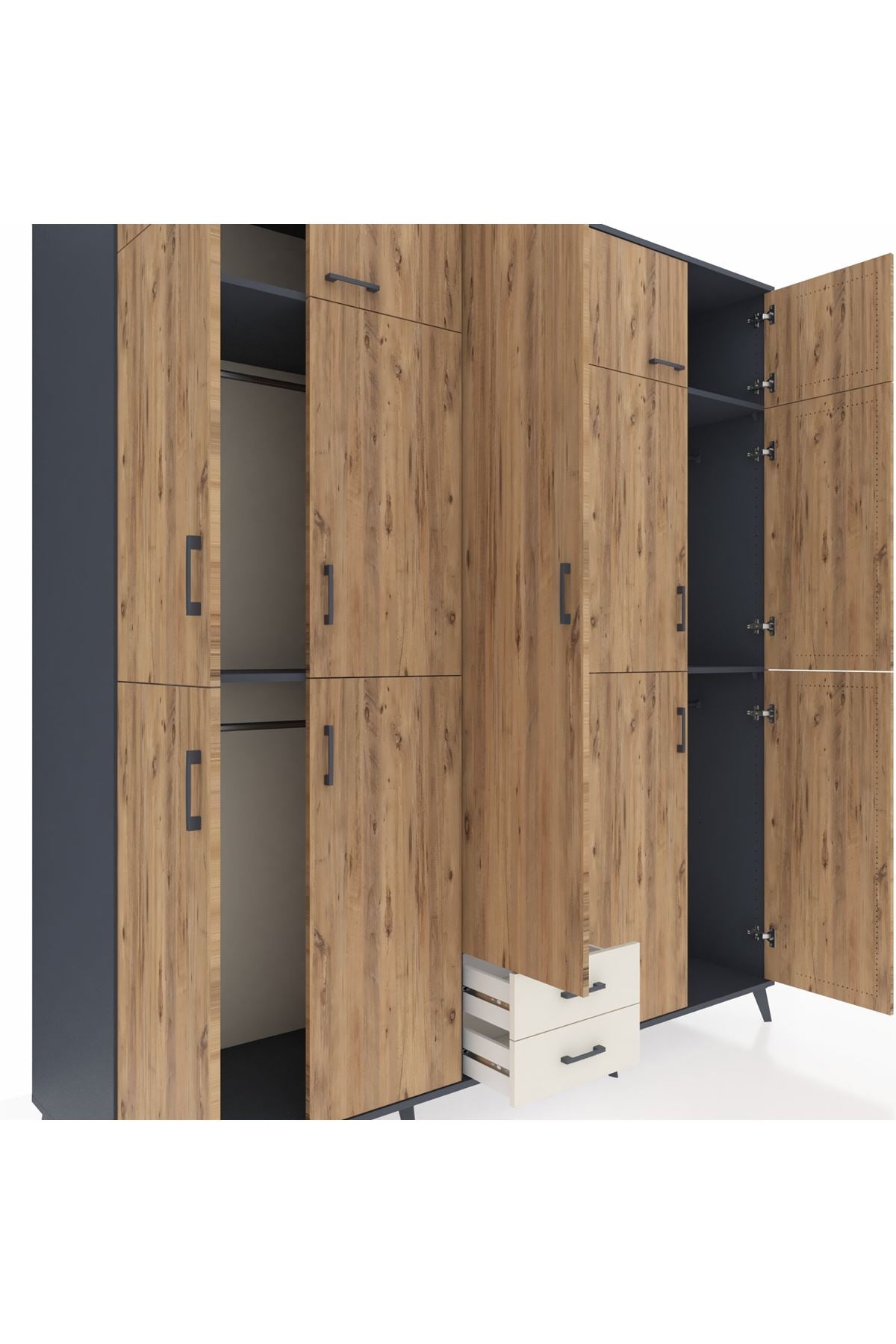 Kronos Dolap 10 Raflı 2 Çekmeceli 4 Askılı 220x59x243 Antrasit-Çam/Aytaşı