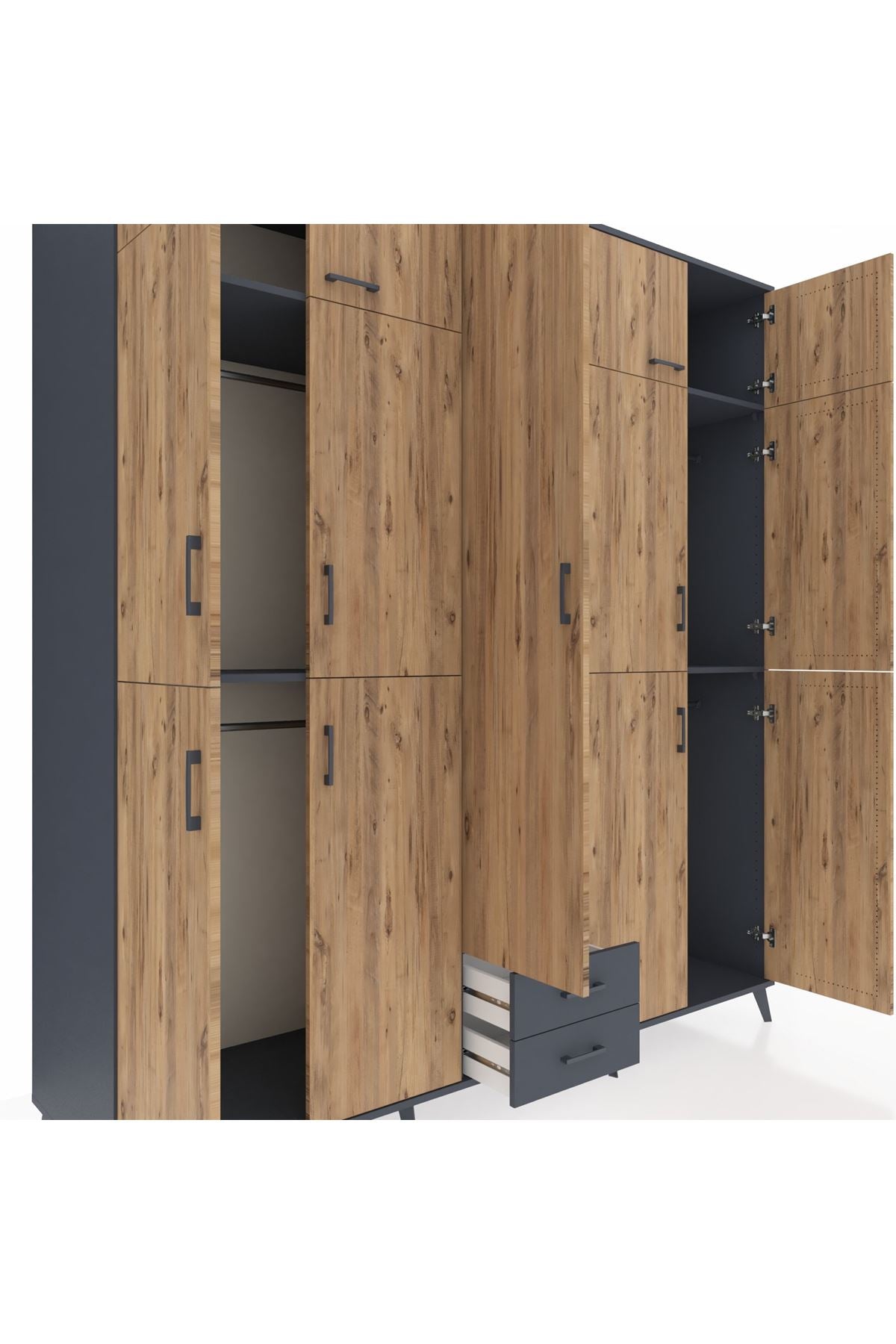 Kronos Dolap 10 Raflı 2 Çekmeceli 4 Askılı 220x59x243 Antrasit-Çam/Antrasit