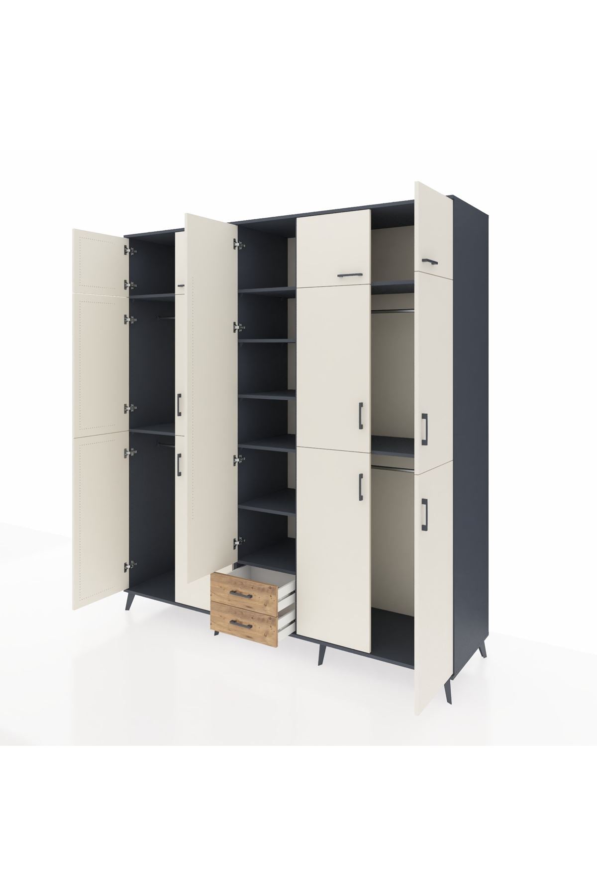 Kronos Dolap 10 Raflı 2 Çekmeceli 4 Askılı 220x59x243 Antrasit-Aytaşı/Çam