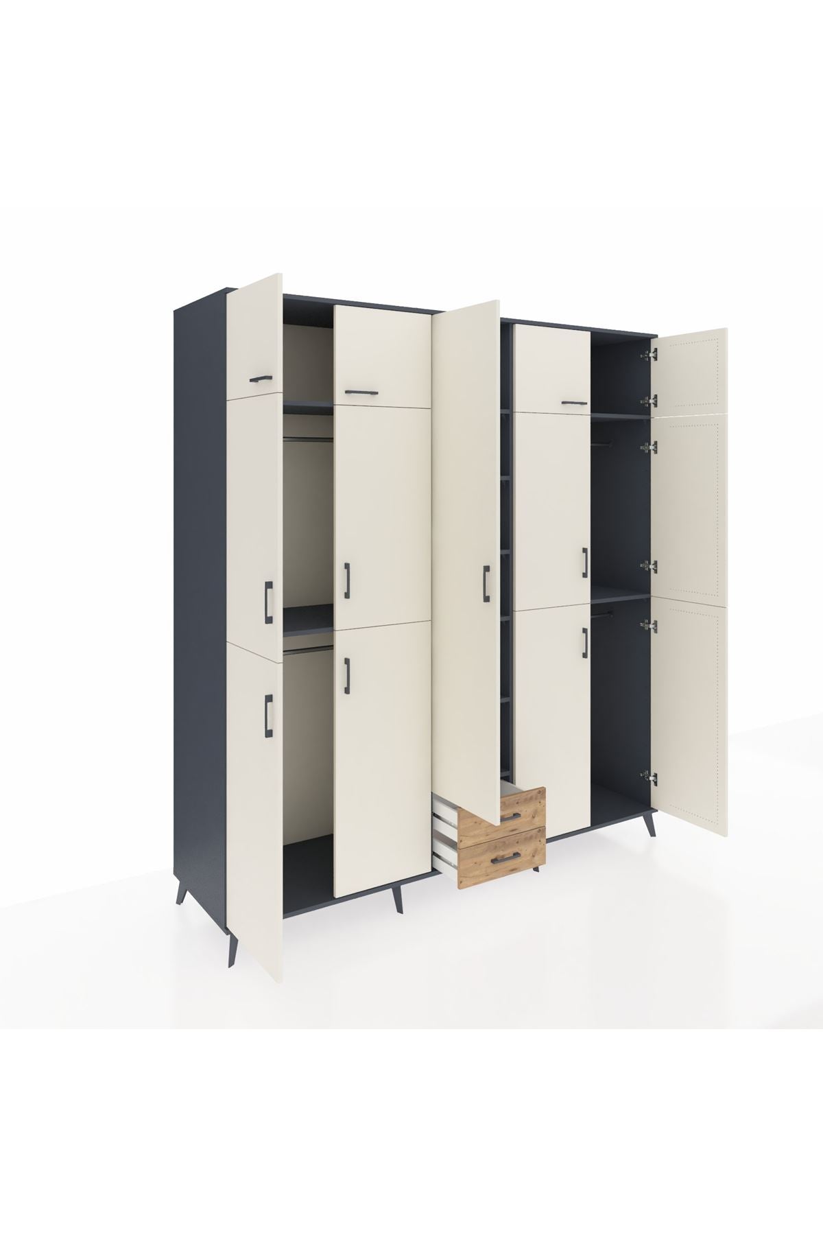 Kronos Dolap 10 Raflı 2 Çekmeceli 4 Askılı 220x59x243 Antrasit-Aytaşı/Çam