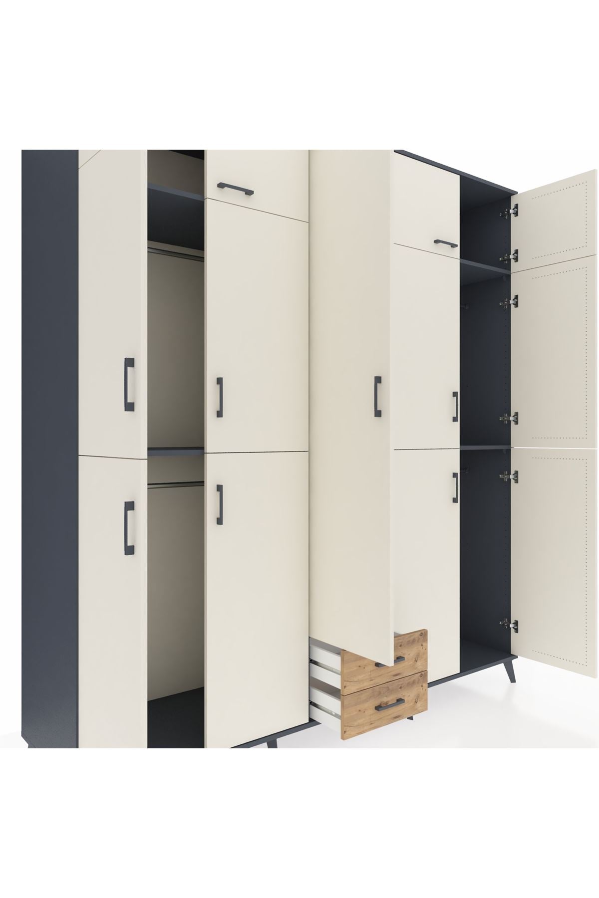 Kronos Dolap 10 Raflı 2 Çekmeceli 4 Askılı 220x59x243 Antrasit-Aytaşı/Çam