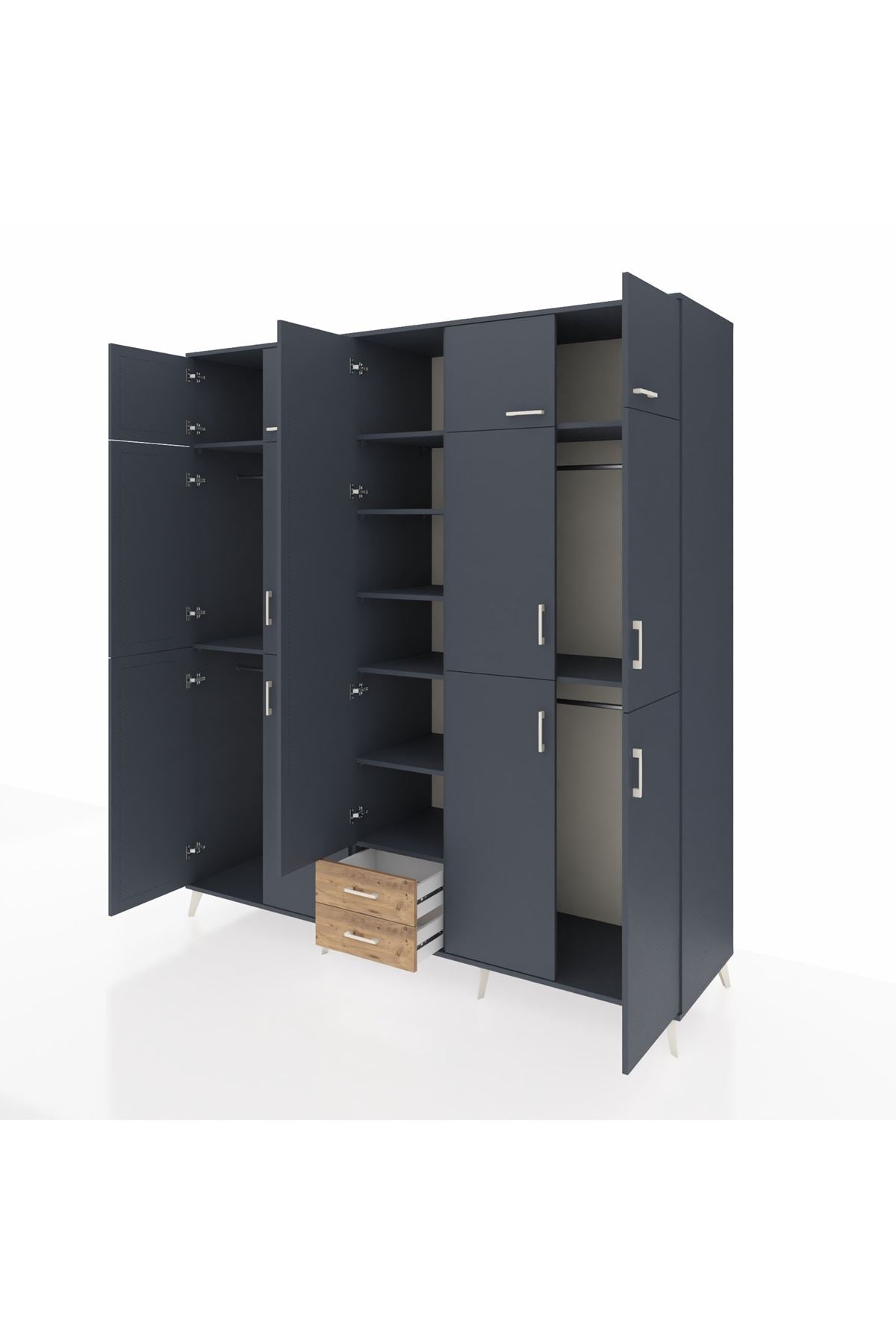 Kronos Dolap 10 Raflı 2 Çekmeceli 4 Askılı 220x59x243 Antrasit-Antrasit/Çam