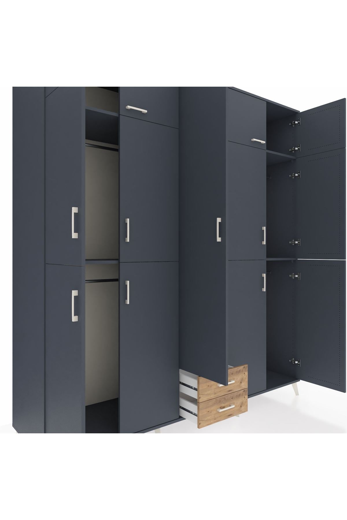 Kronos Dolap 10 Raflı 2 Çekmeceli 4 Askılı 220x59x243 Antrasit-Antrasit/Çam