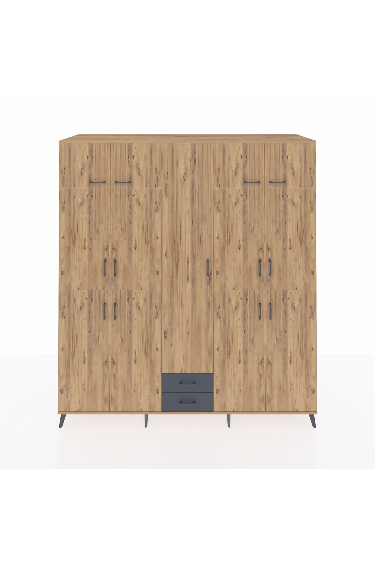 Kronos Dolap 10 Raflı 2 Çekmeceli 4 Askılı 220x59x243 Çam-Çam/Antrasit