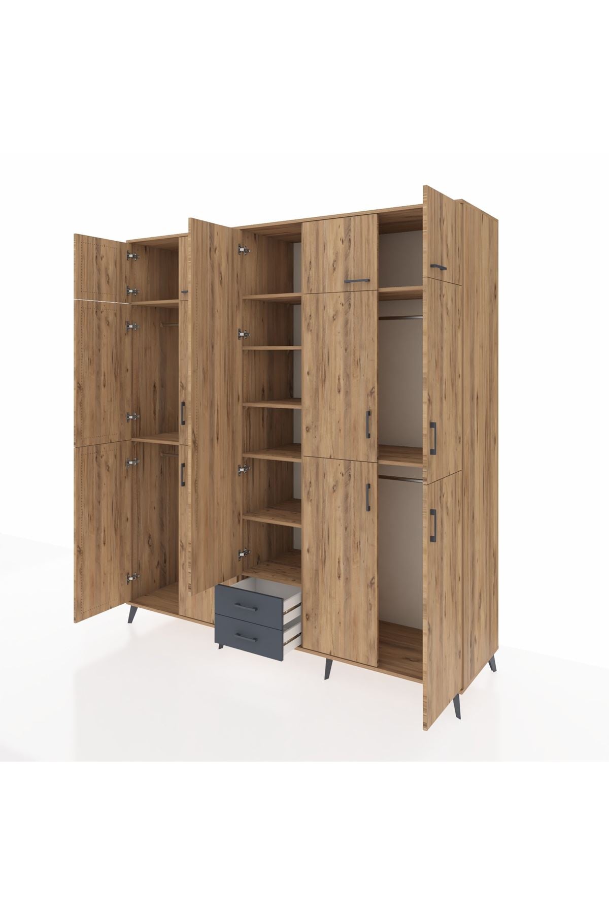 Kronos Dolap 10 Raflı 2 Çekmeceli 4 Askılı 220x59x243 Çam-Çam/Antrasit