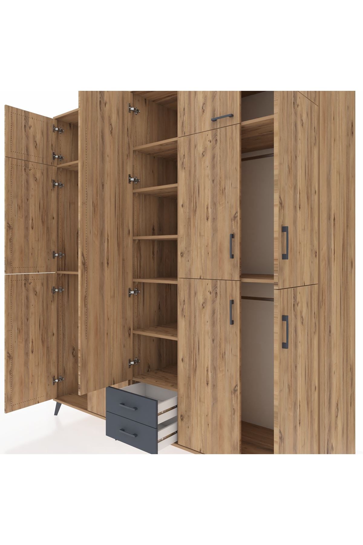 Kronos Dolap 10 Raflı 2 Çekmeceli 4 Askılı 220x59x243 Çam-Çam/Antrasit