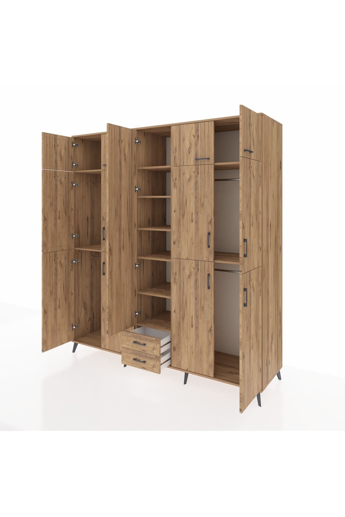 Kronos Dolap 10 Raflı 2 Çekmeceli 4 Askılı 220x59x243 Çam-Çam/Çam