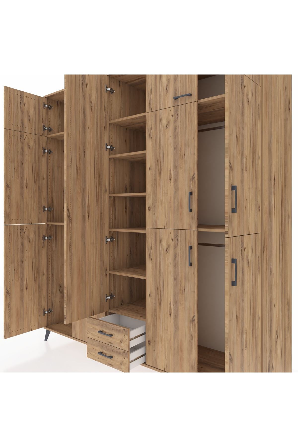 Kronos Dolap 10 Raflı 2 Çekmeceli 4 Askılı 220x59x243 Çam-Çam/Çam