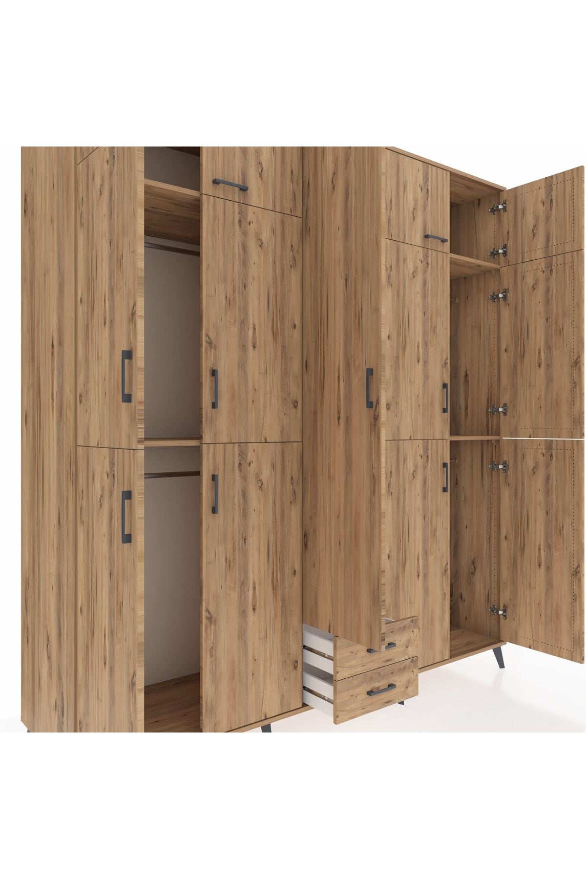 Kronos Dolap 10 Raflı 2 Çekmeceli 4 Askılı 220x59x243 Çam-Çam/Çam