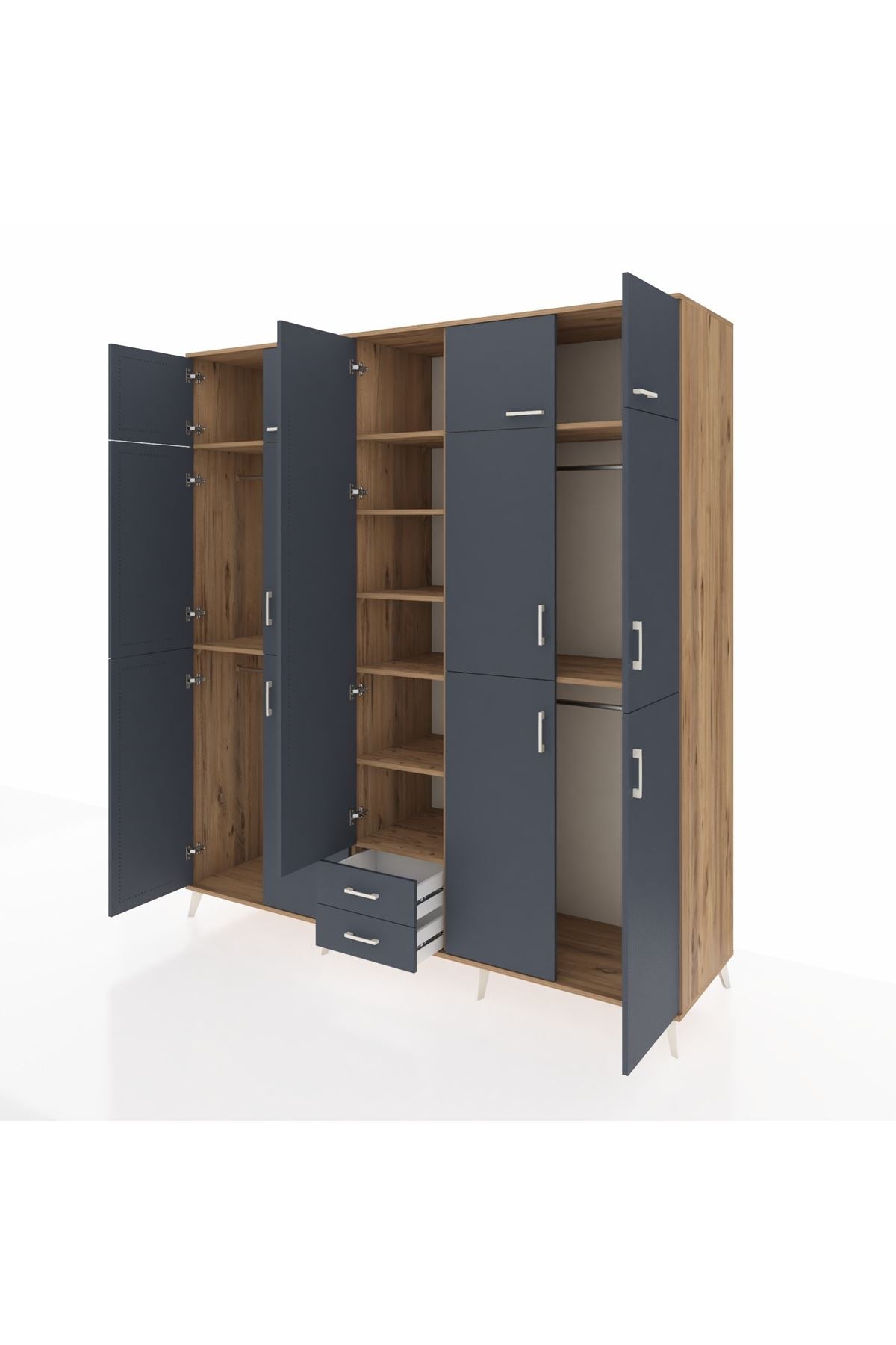 Kronos Dolap 10 Raflı 2 Çekmeceli 4 Askılı 220x59x243 Çam-Antrasit/Antrasit